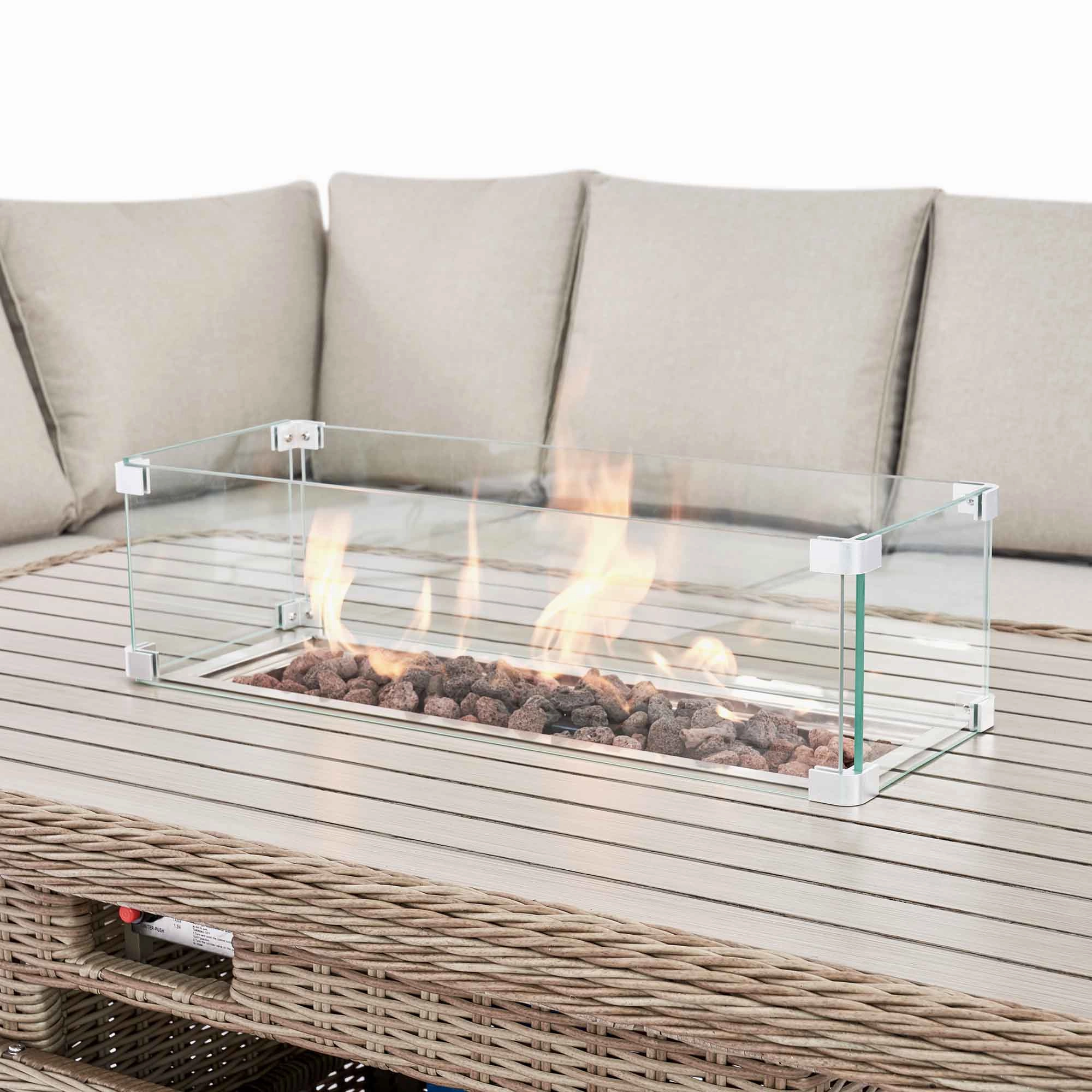 Hampshire Large Corner Round Wicker Rattan Casual Dining Set with Rising Firepit Table, Natural