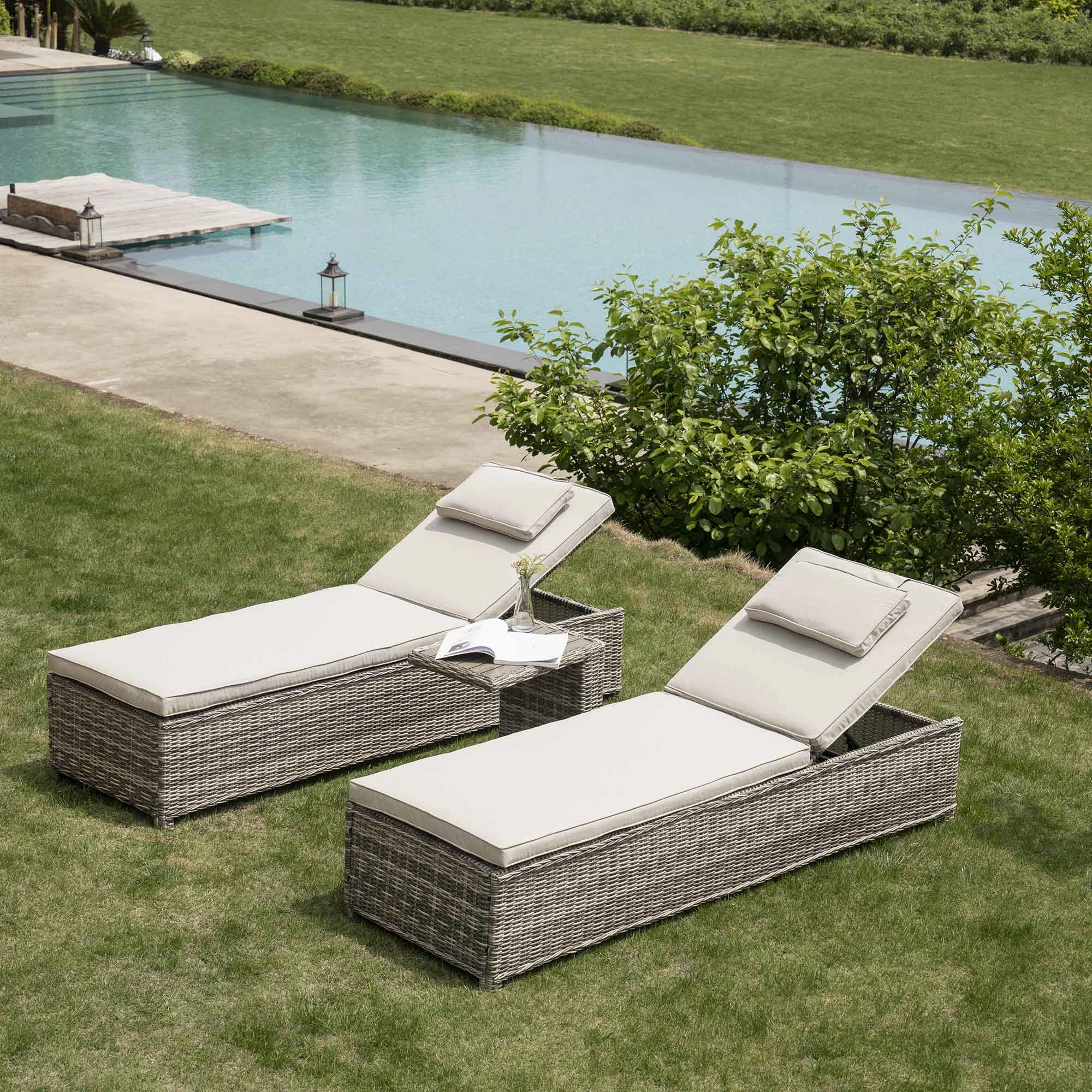 Hampshire Round Wicker Rattan Sun Lounger Set with Side Table, Light Grey