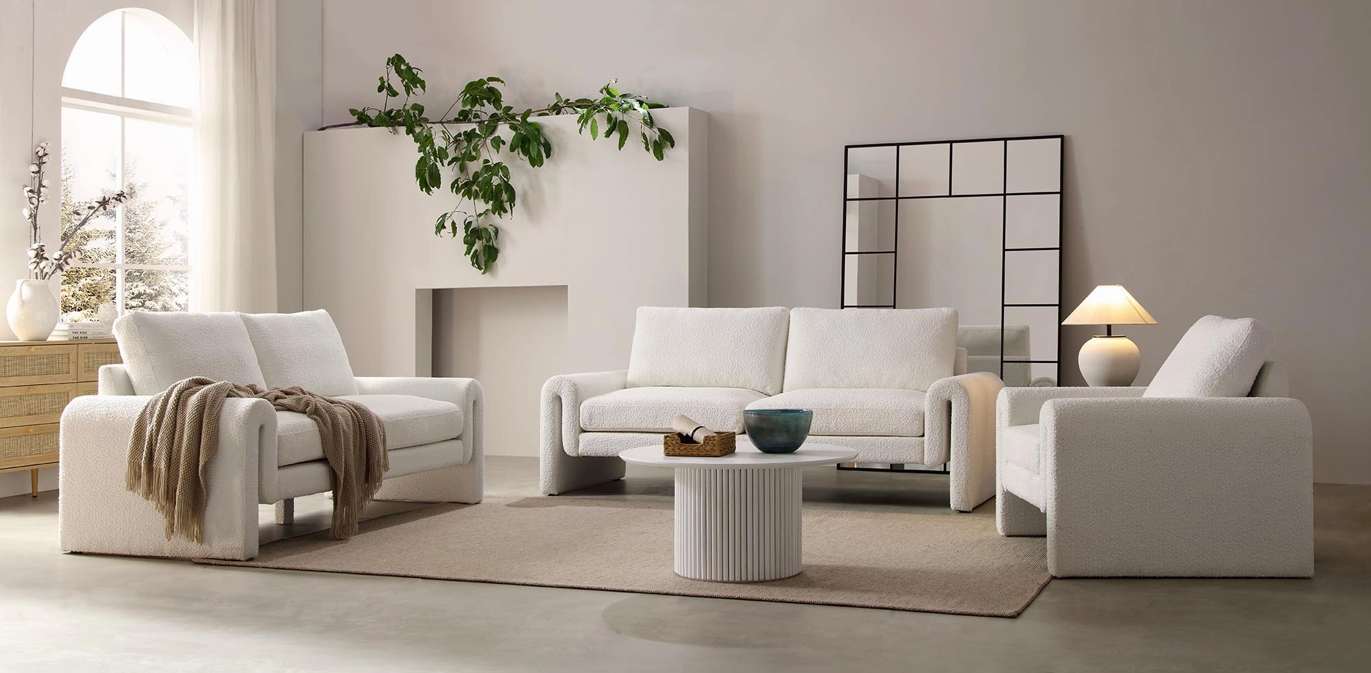 Hampstead White Boucle Curved 3-Seater Sofa