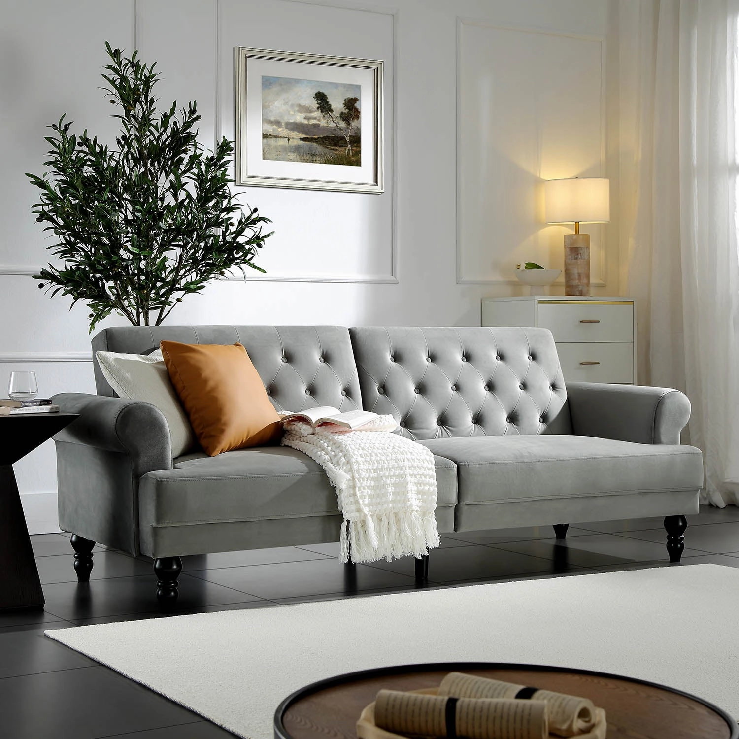 Hanney 3-Seater Chesterfield Sofabed in Grey Velvet