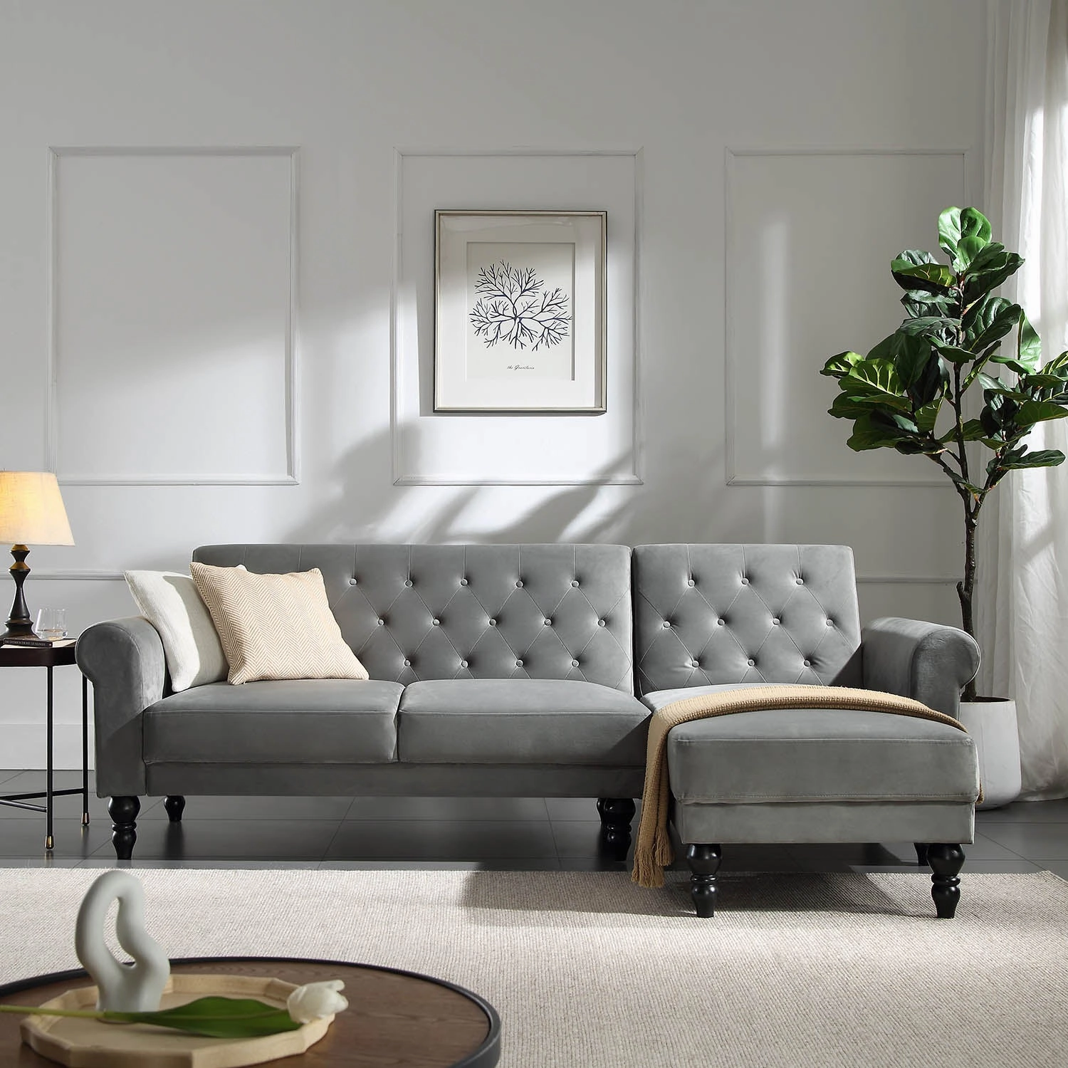 Hanney Chesterfield Chaise Sofabed in Grey Velvet
