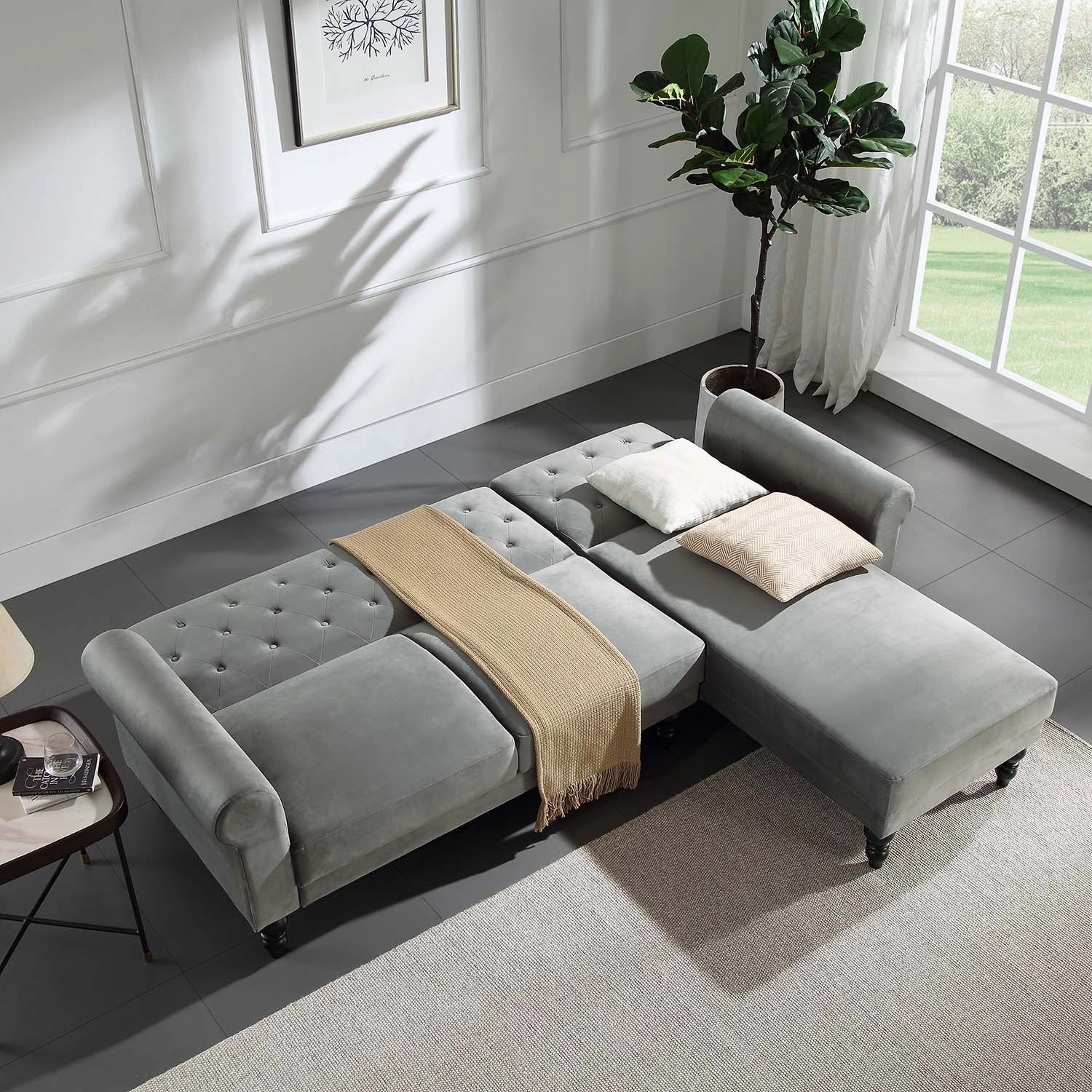 Hanney Chesterfield Chaise Sofabed in Grey Velvet
