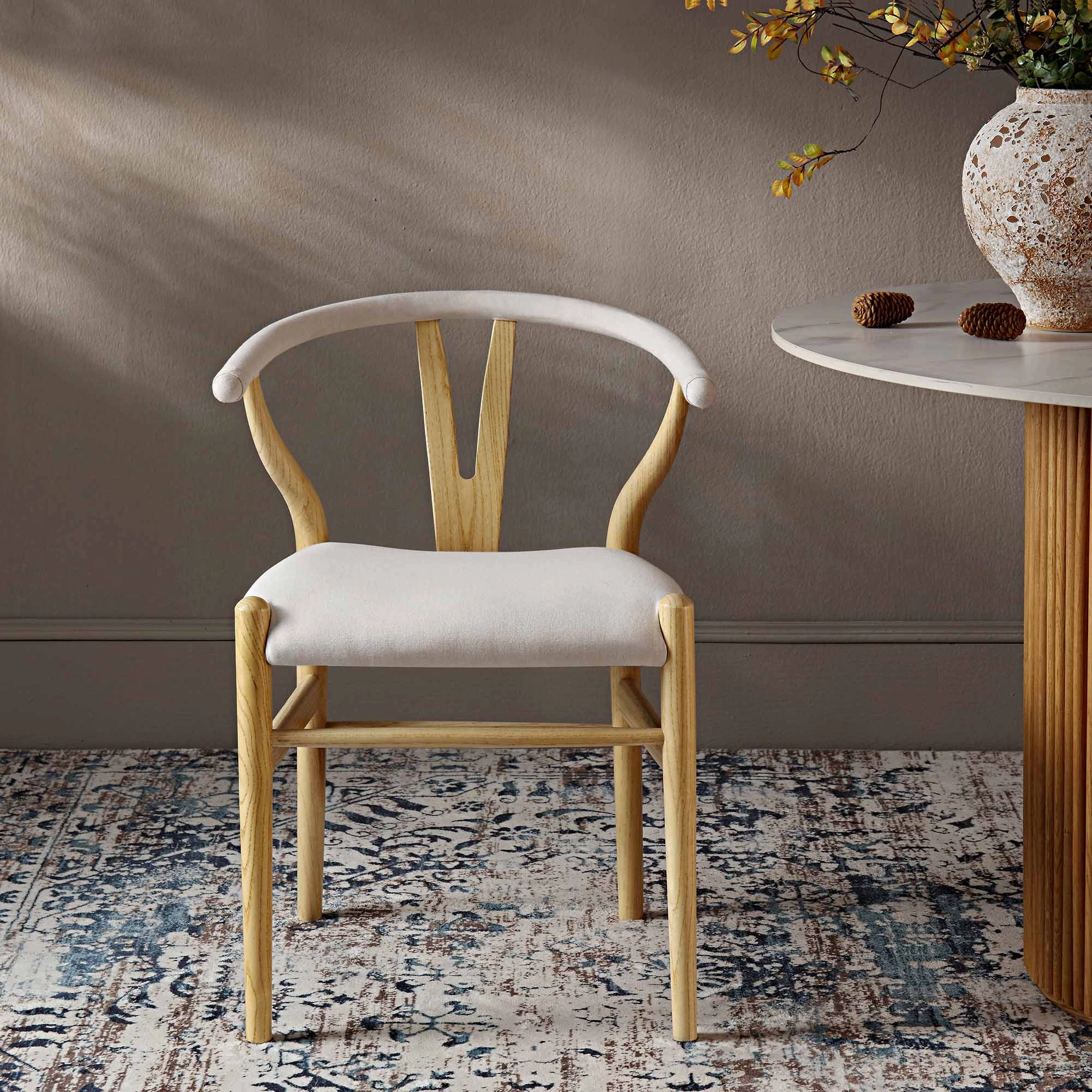 Hansel Upholstered Padded Dining Chair, Beige Fabric and Natural Frame
