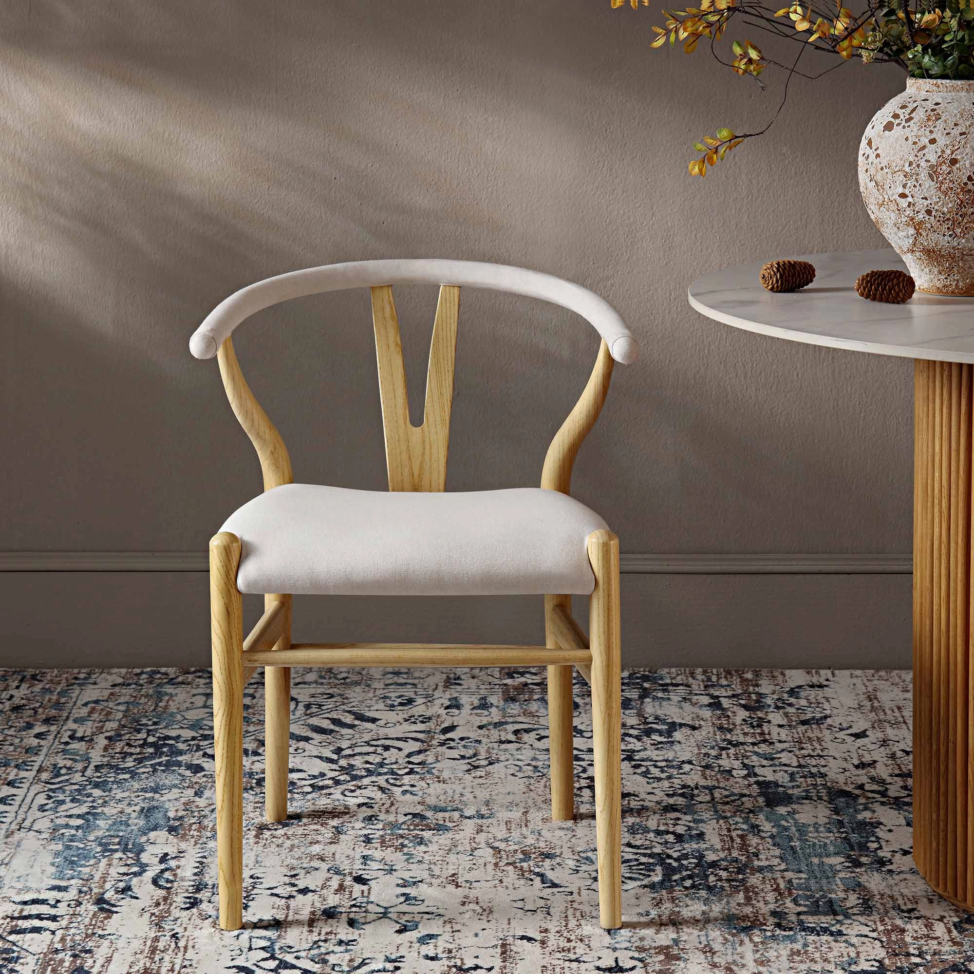Hansel Upholstered Padded Dining Chair, Beige Fabric and Natural Frame