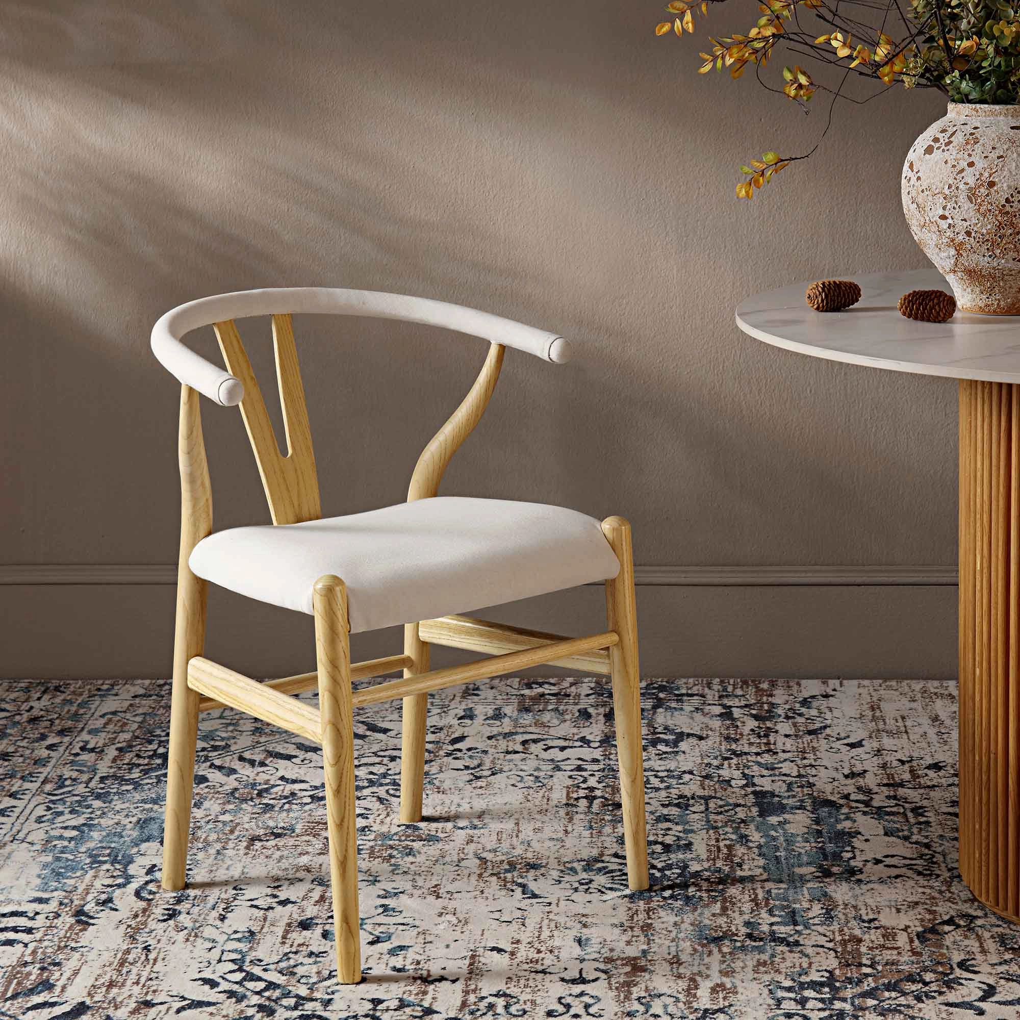 Hansel Upholstered Padded Dining Chair, Beige Fabric and Natural Frame