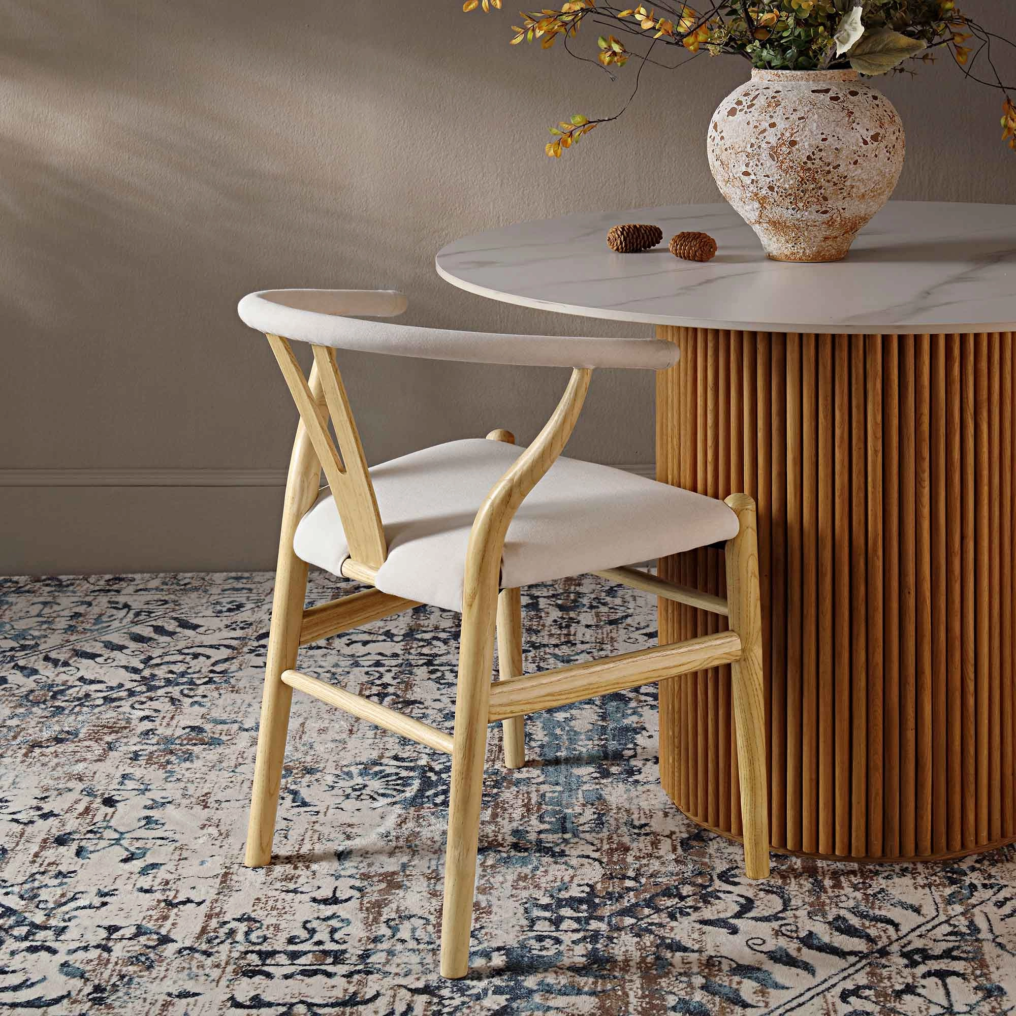 Hansel Upholstered Padded Dining Chair, Beige Fabric and Natural Frame