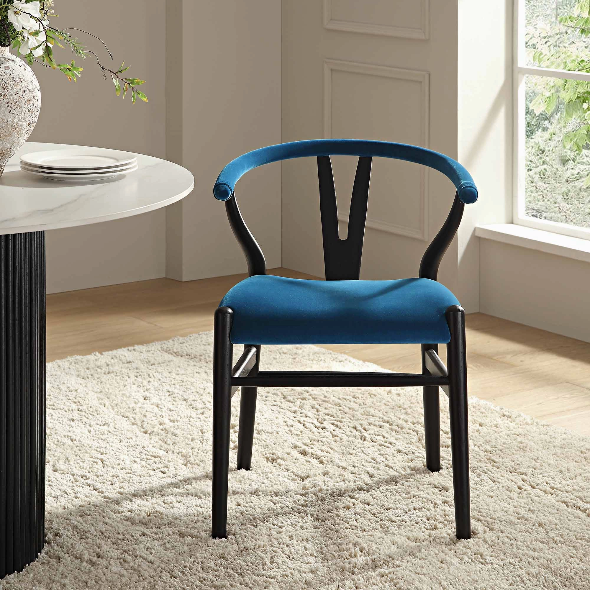 Hansel Upholstered Padded Dining Chair, Blue Velvet and Black Frame