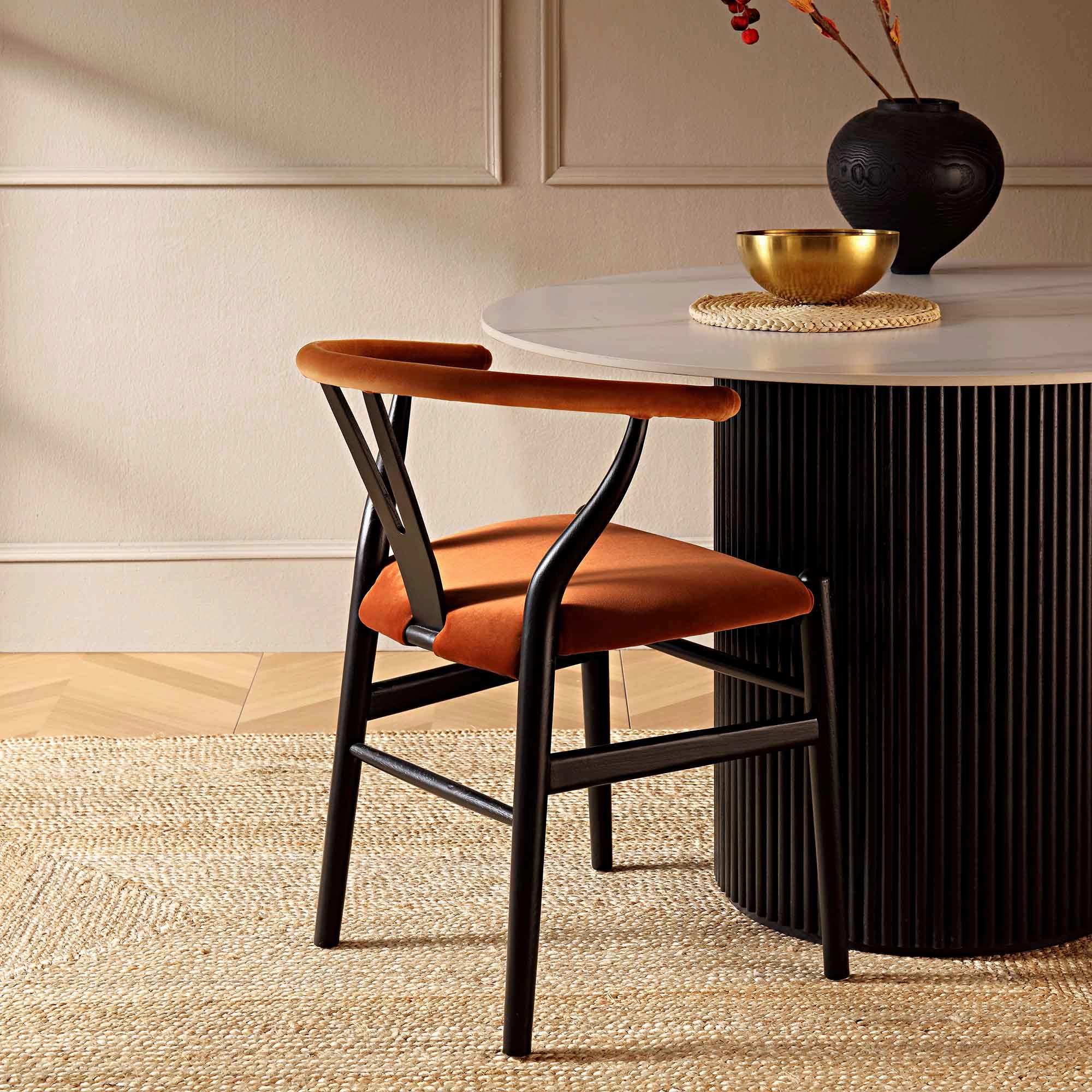 Hansel Upholstered Padded Dining Chair, Rust Velvet and Black Frame