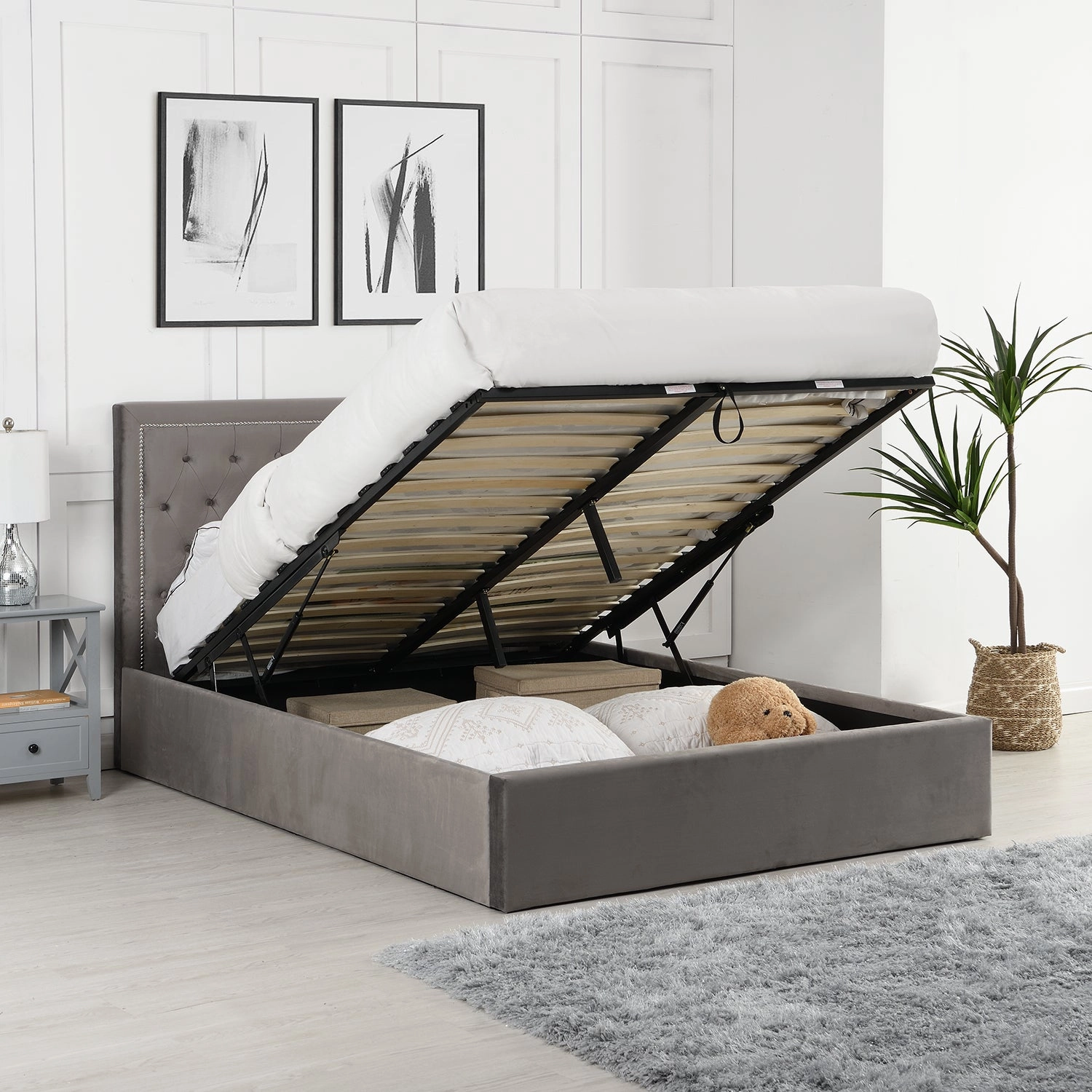 Hartwell Upholstered Ottoman Storage Bed with Nailhead Trim Headboard (Grey Velvet)