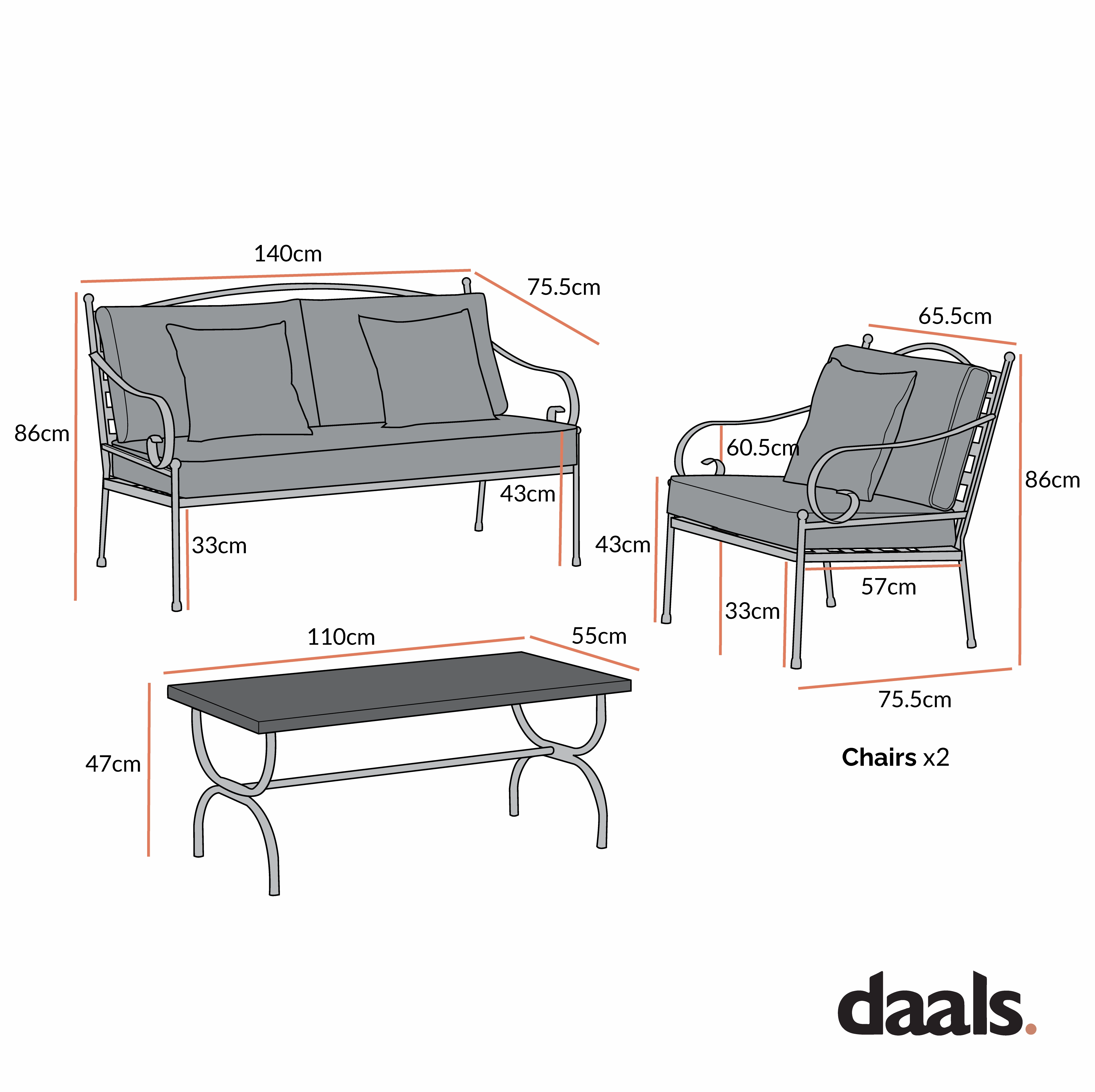 Haymes Indoor and Outdoor Metal Sofa Set with Coffee Table