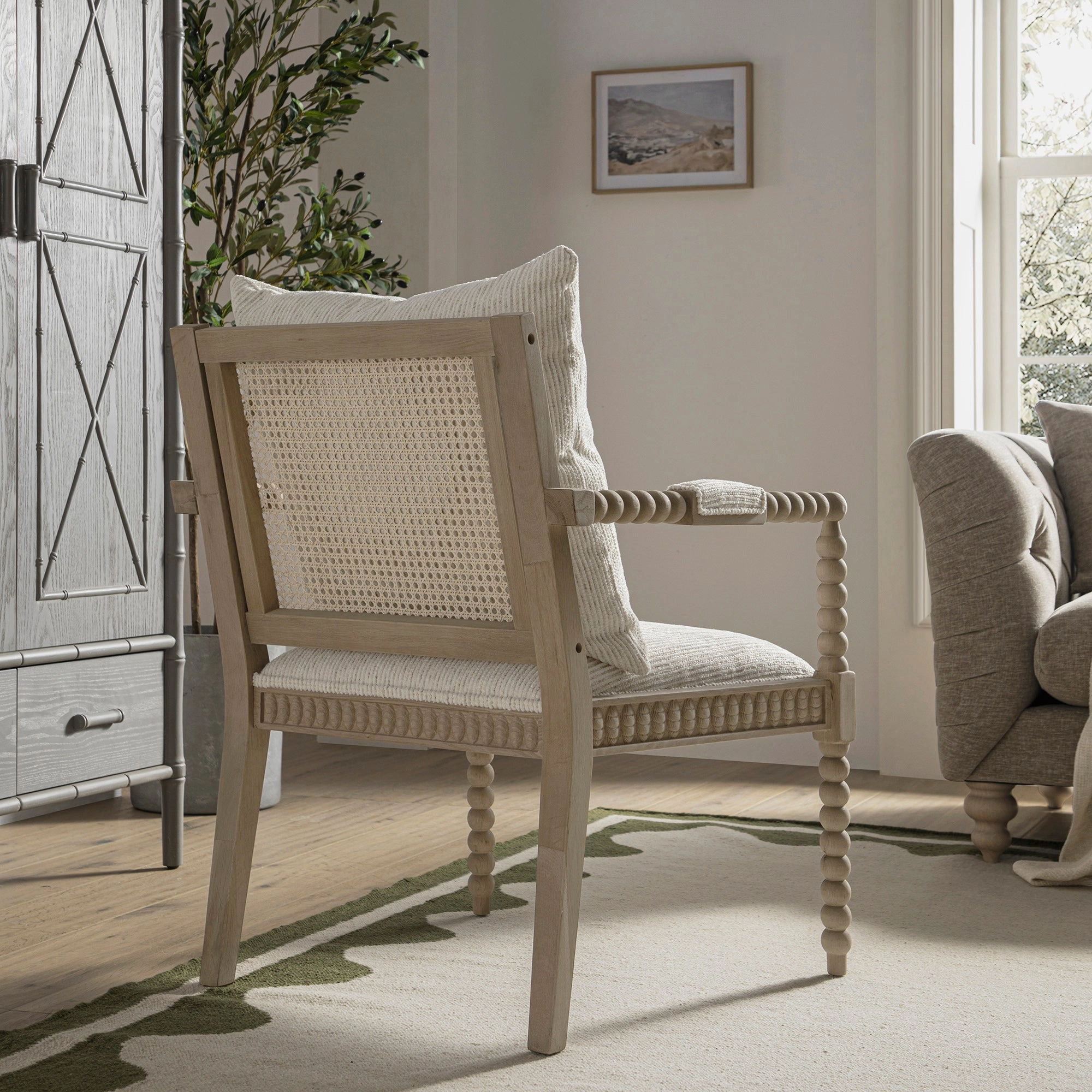 Hemingford Beige Textured Fabric Bobbin Washed Oak Armchair