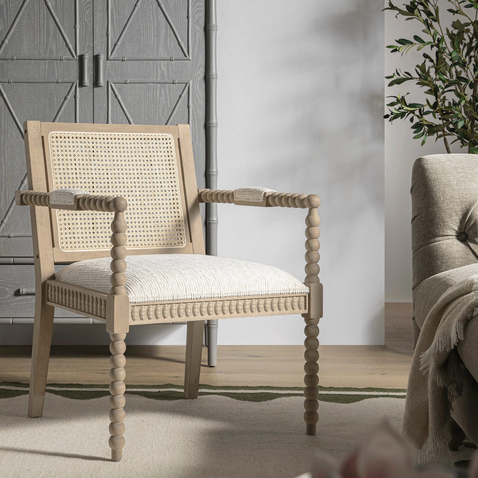 Hemingford Beige Textured Fabric Bobbin Washed Oak Armchair