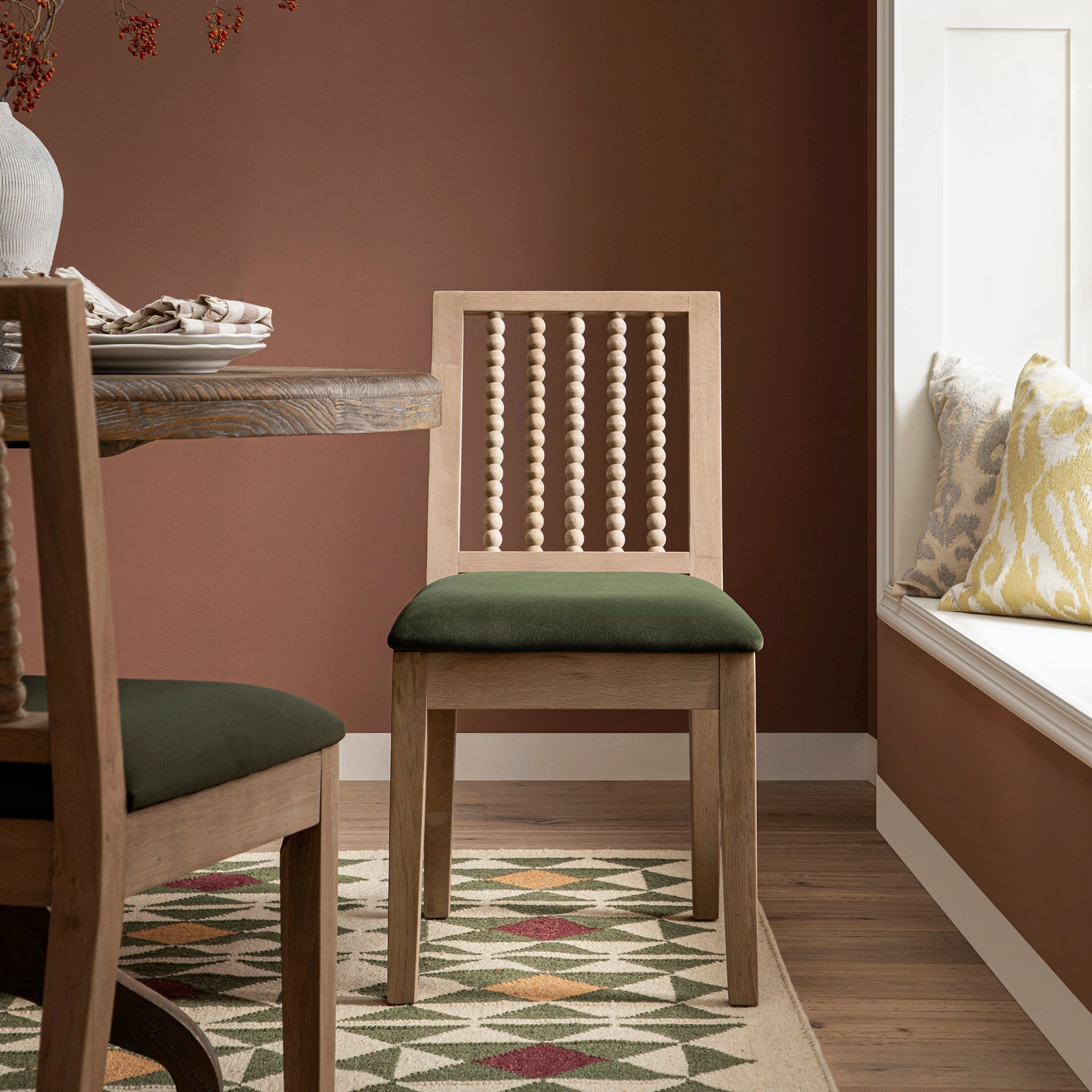 Hemingford Set of 2 Moss Green Velvet Bobbin Spindle Washed Oak Dining Chairs