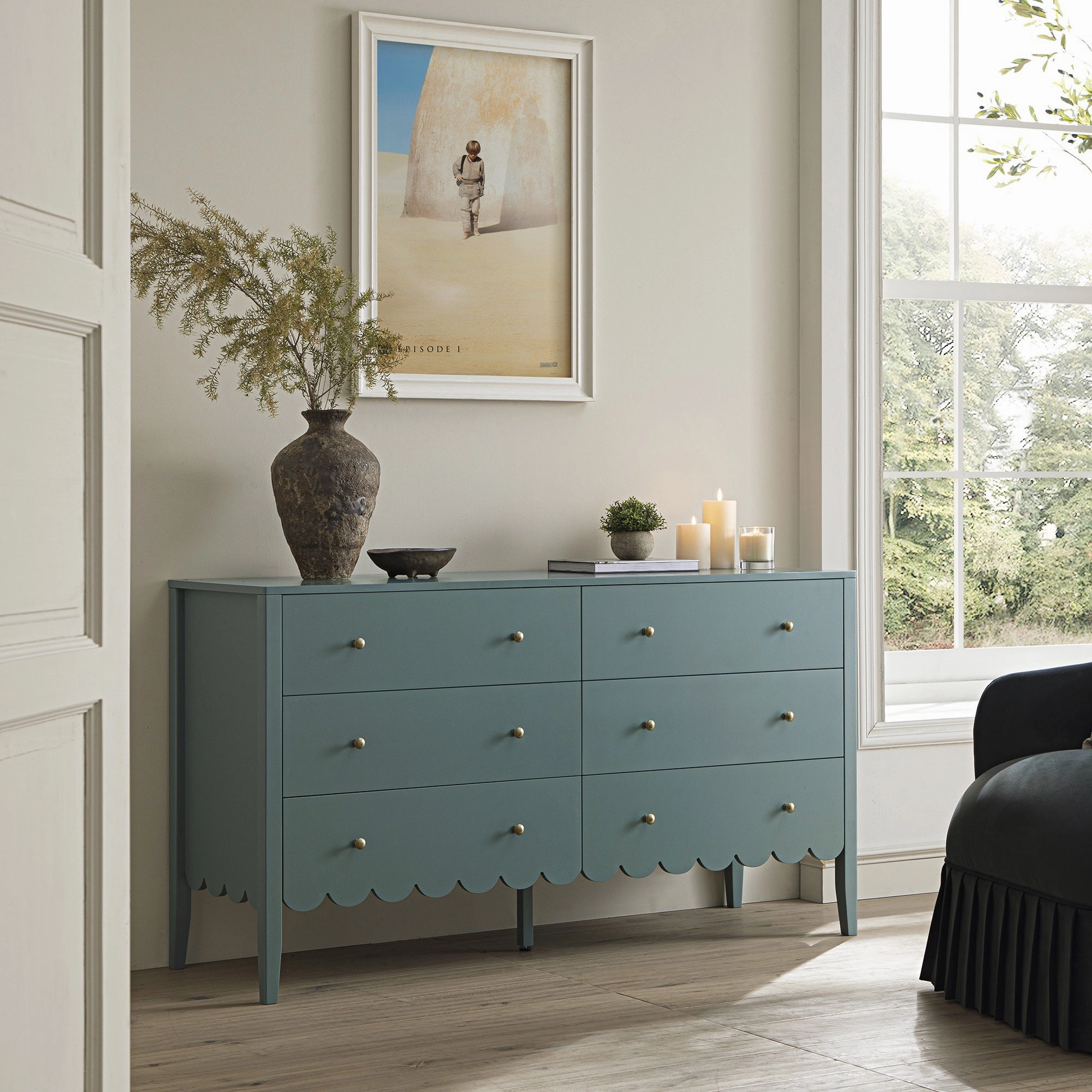 Henley Scalloped Edge 6 Drawer 140cm Wide Chest, Blue Spruce