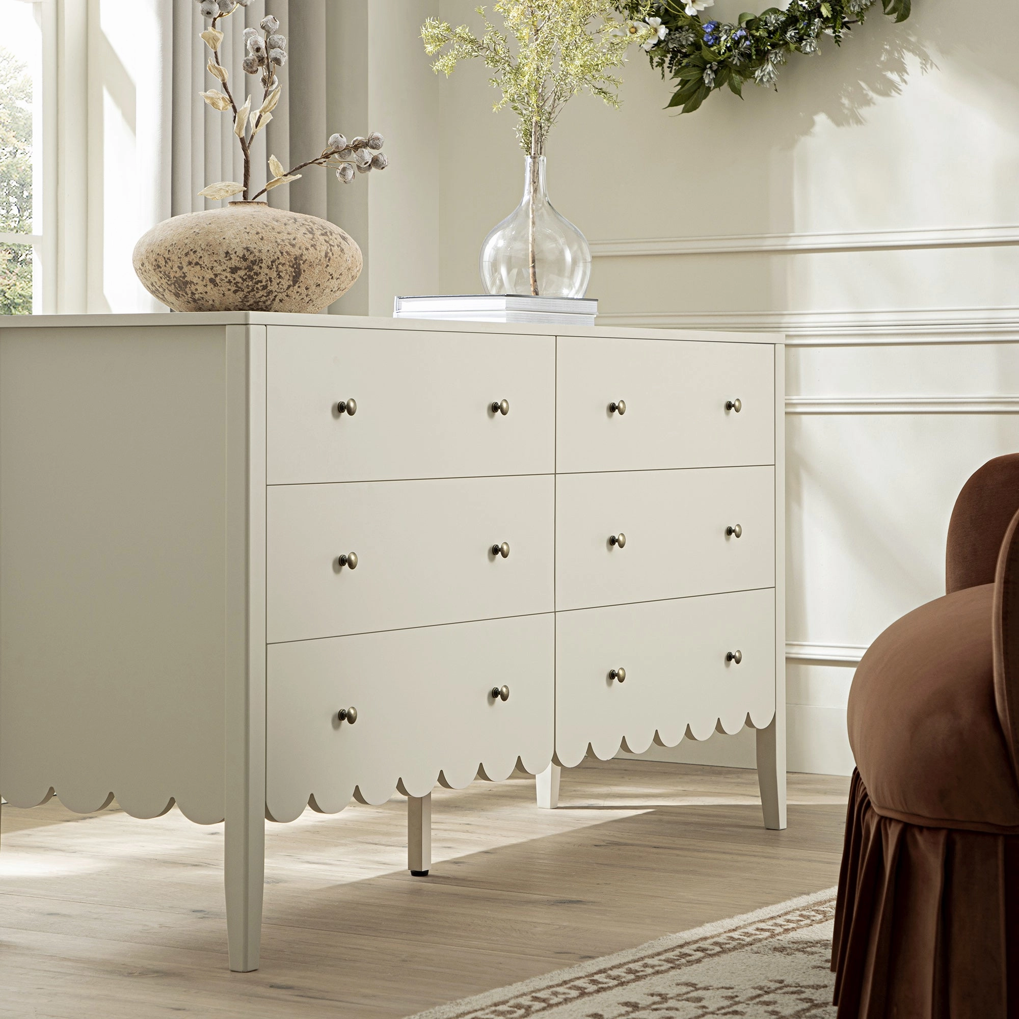 Henley Scalloped Edge 6 Drawer 140cm Wide Chest, Light Sand