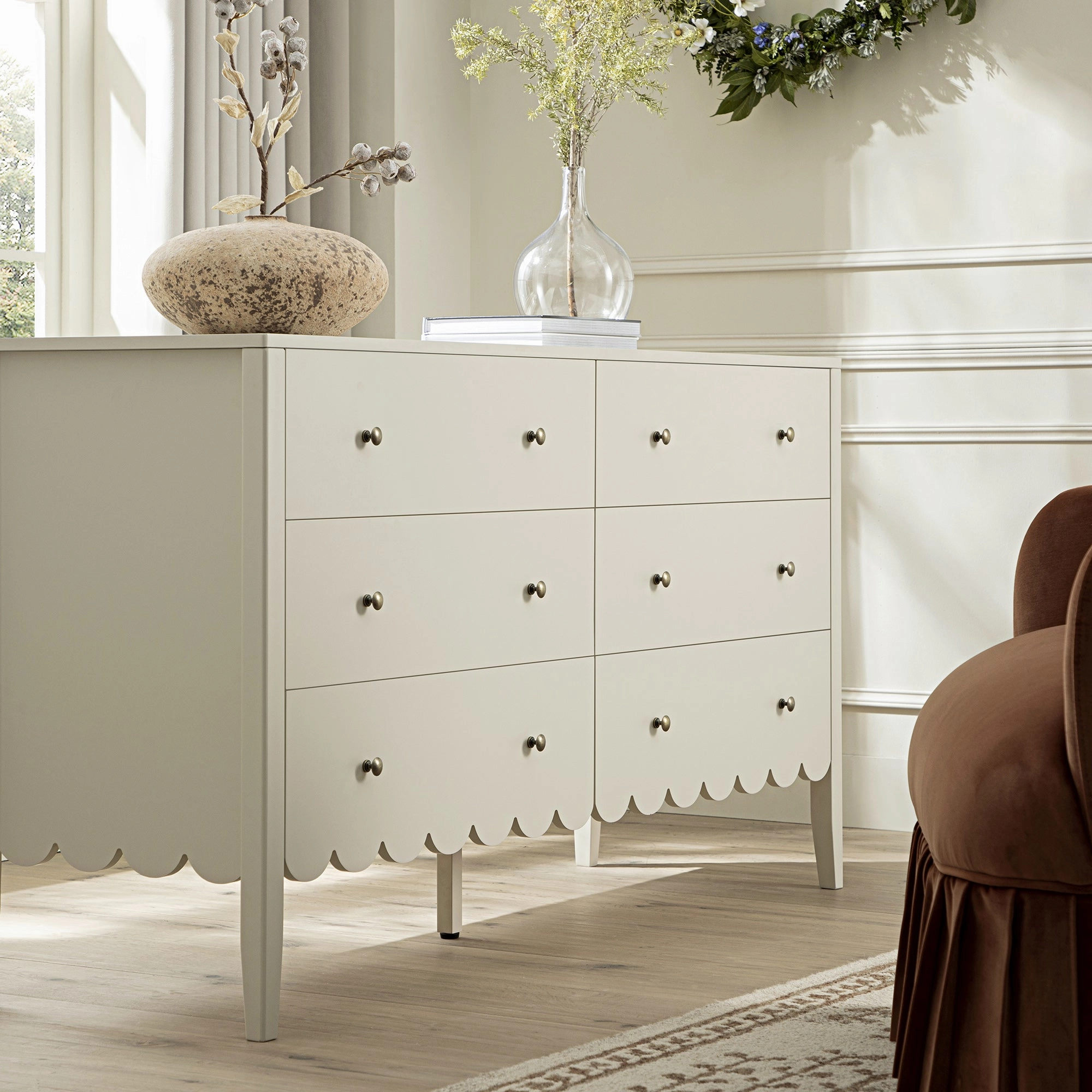 Henley Scalloped Edge 6 Drawer 140cm Wide Chest, Light Sand