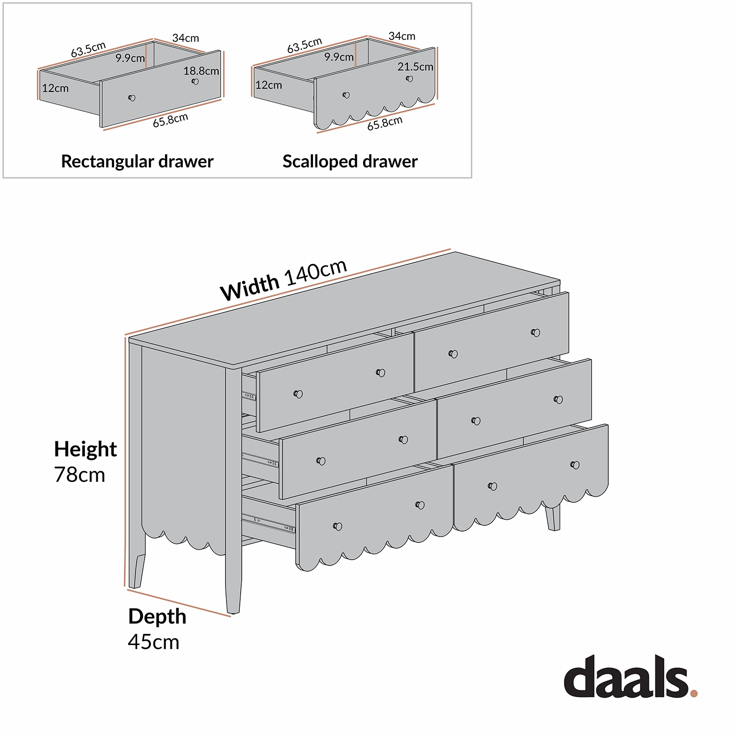 Henley Scalloped Edge 6 Drawer 140cm Wide Chest, Light Sand