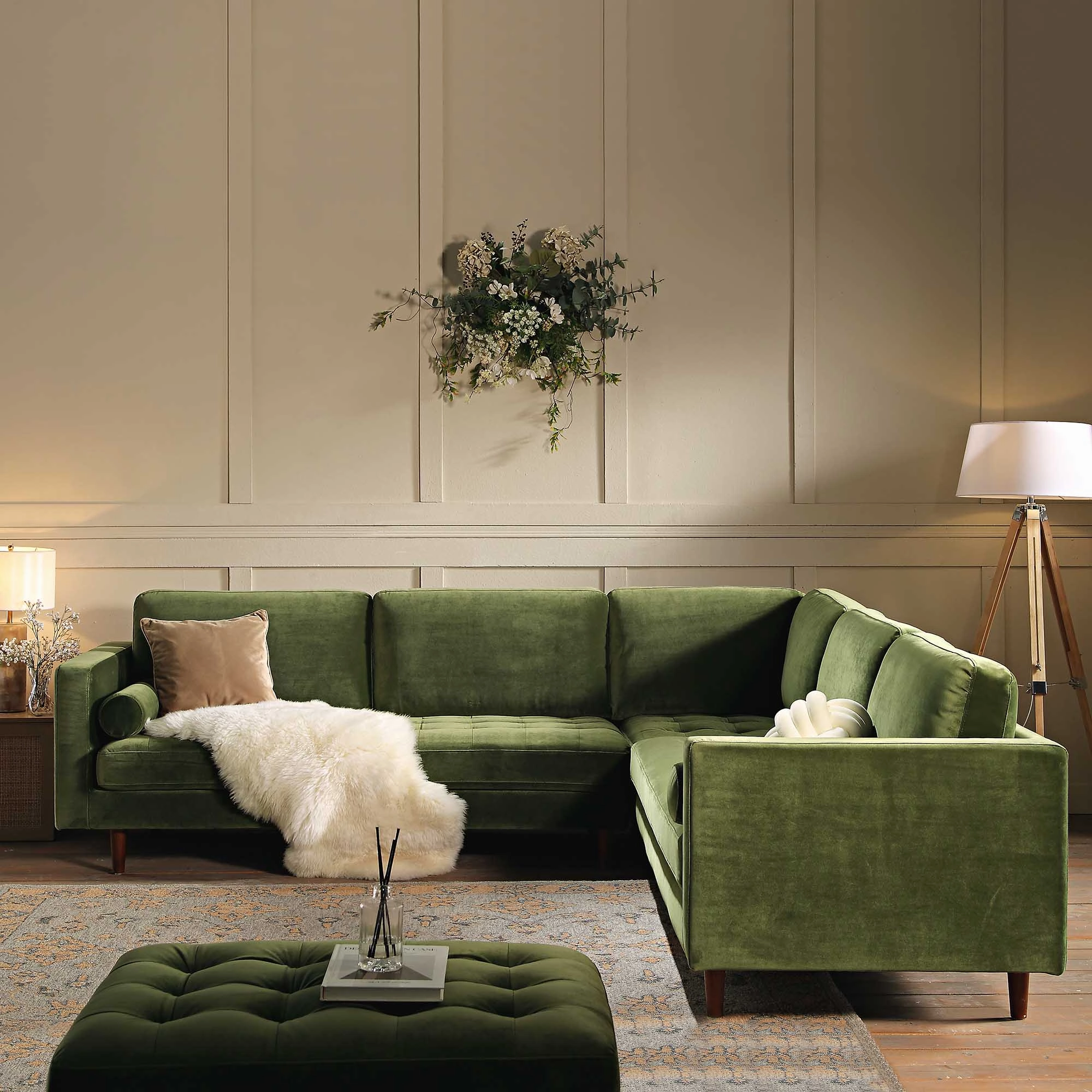 Henrietta 5 Seater Corner Sofa, Moss Green Velvet