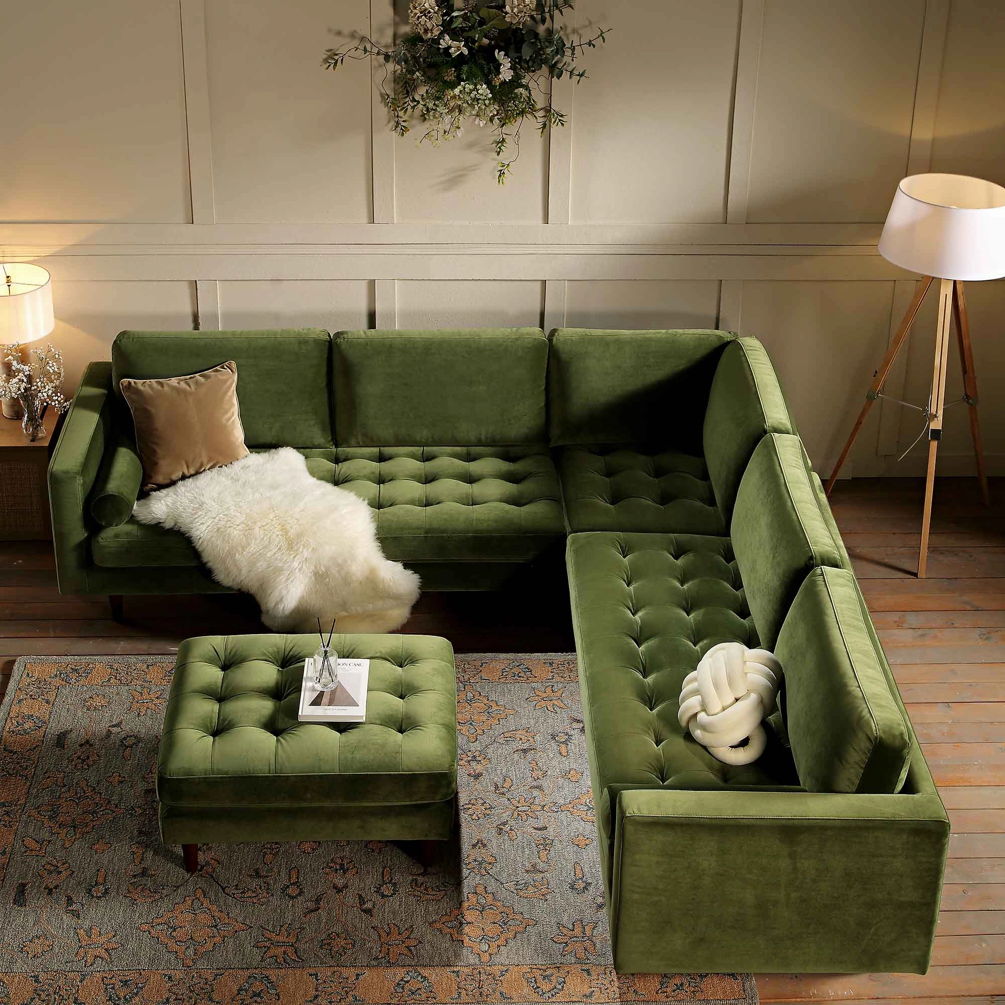 Henrietta 5 Seater Corner Sofa, Moss Green Velvet