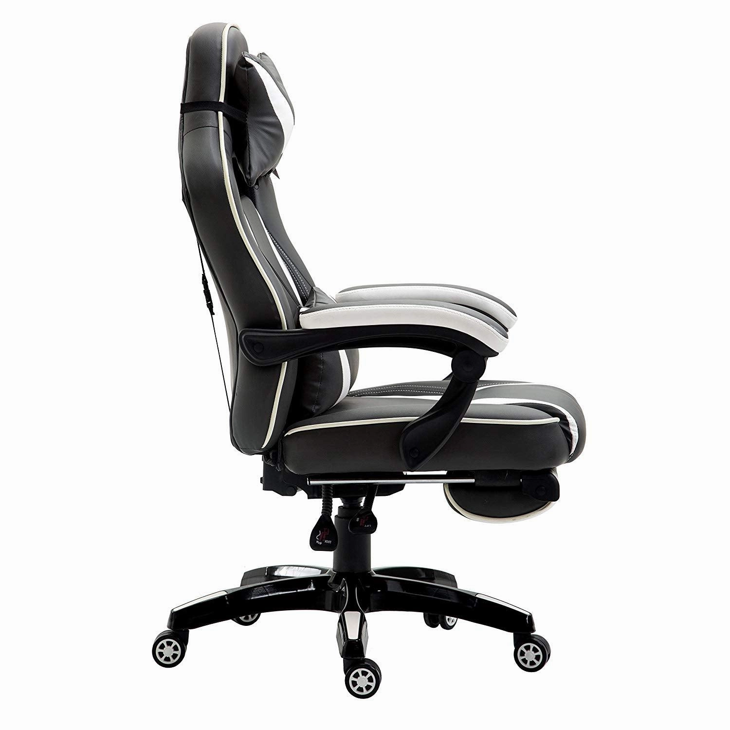 High Back Recliner Gaming Swivel Chair with Footrest & Adjustable Lumbar & Head Cushion, MR49 Black & White