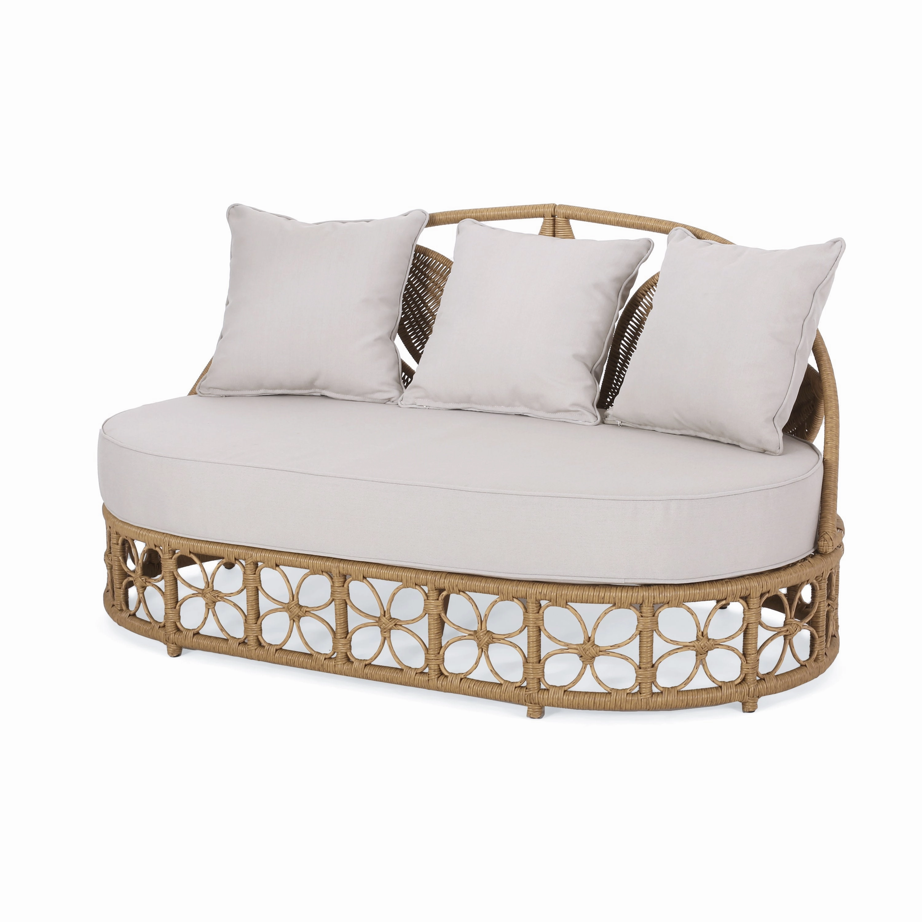 Homan Outdoor Wicker Daybed with Pillows, Light Brown and Beige patio umbrella, gazebo