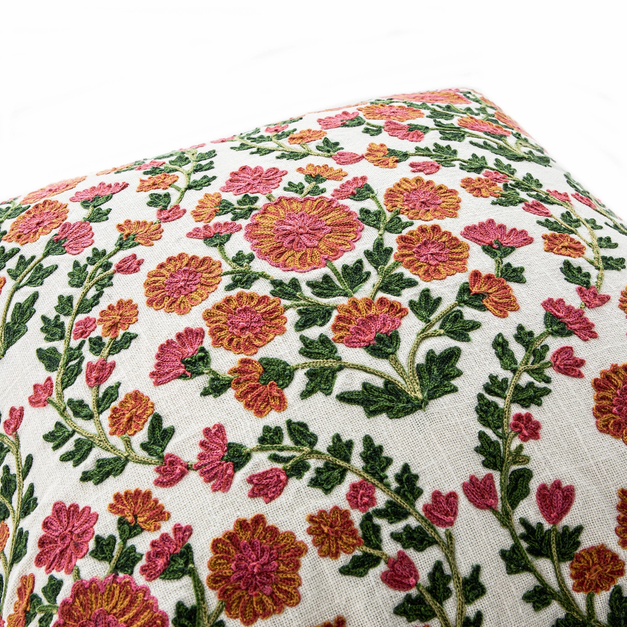Indra Gardenia Pink Crewelwork Wool Embroidered Cushion