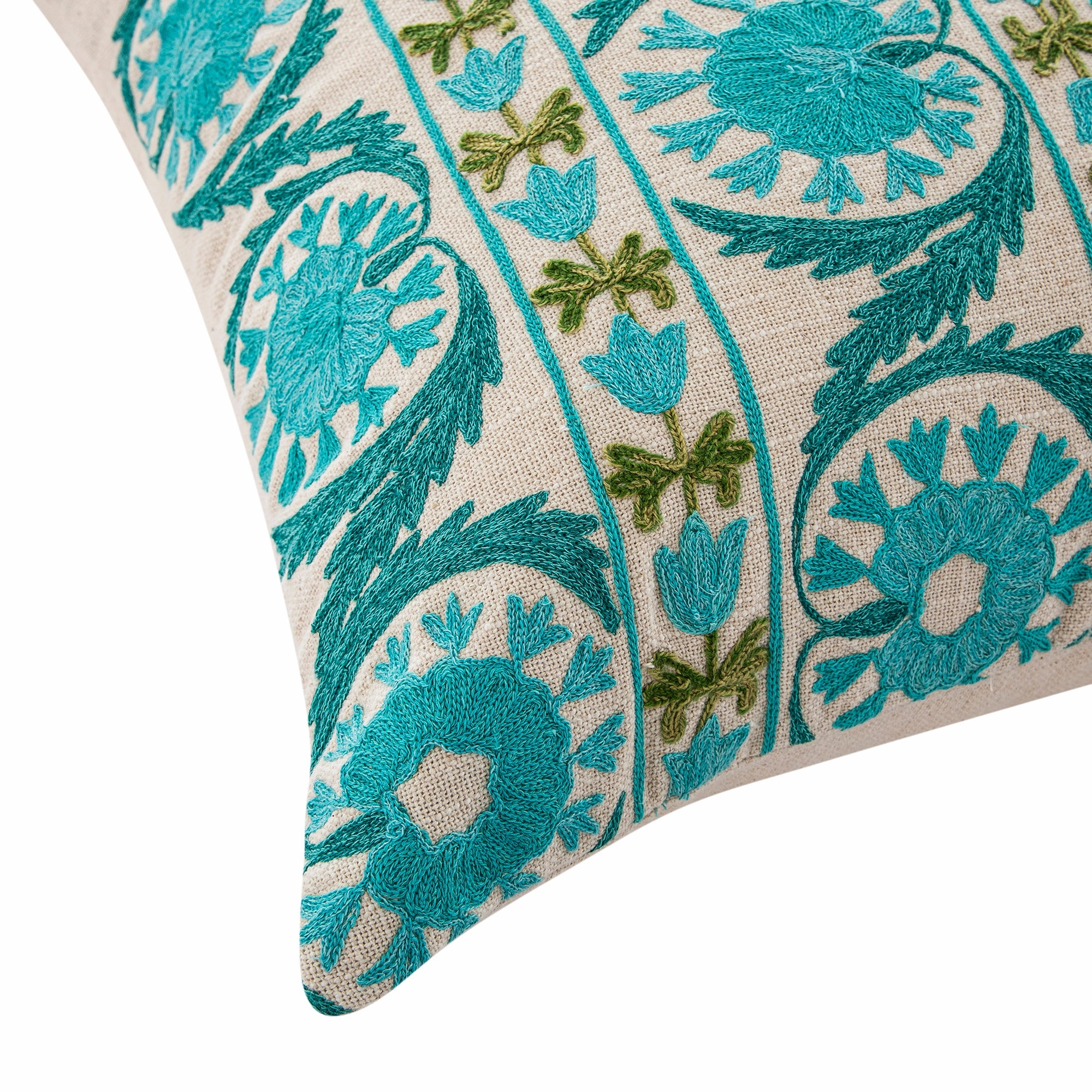 Indra Suzani Cyan Blue Crewelwork Wool Embroidered Cushion