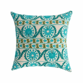 Indra Suzani Cyan Blue Crewelwork Wool Embroidered Cushion