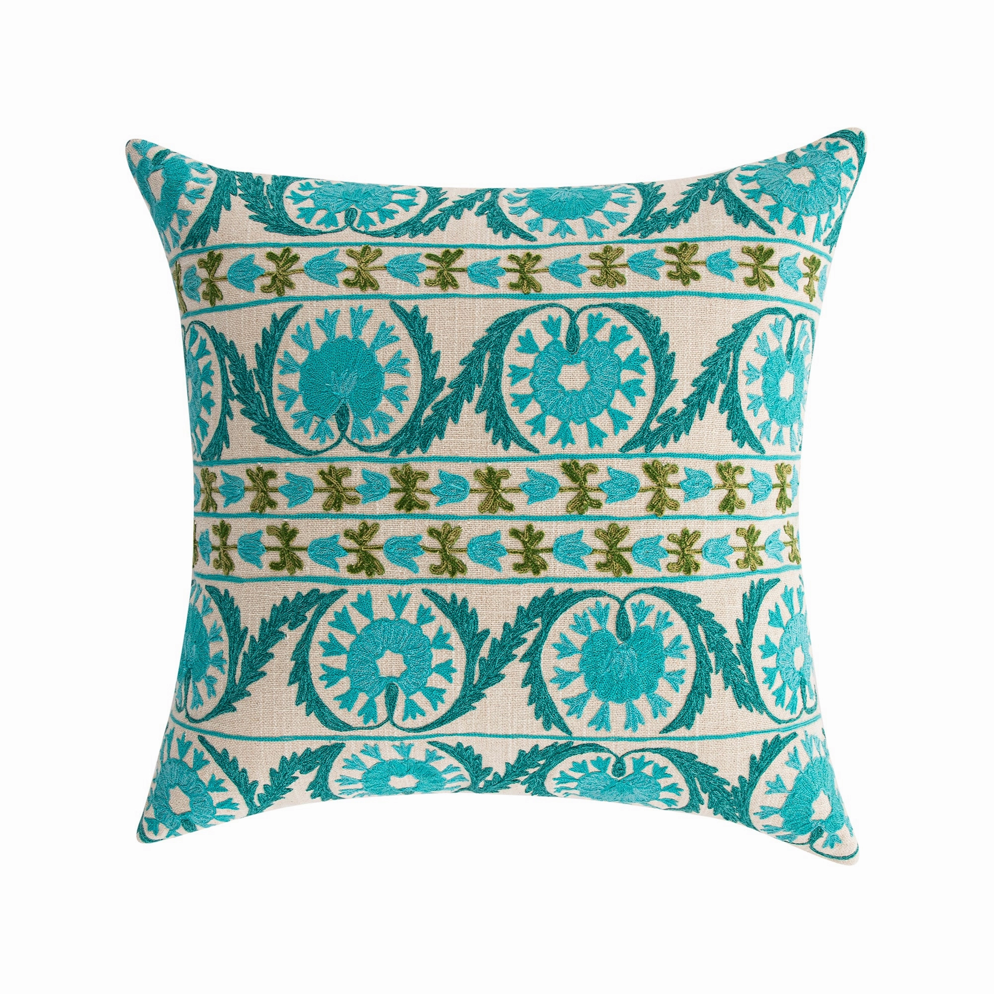 Indra Suzani Cyan Blue Crewelwork Wool Embroidered Cushion