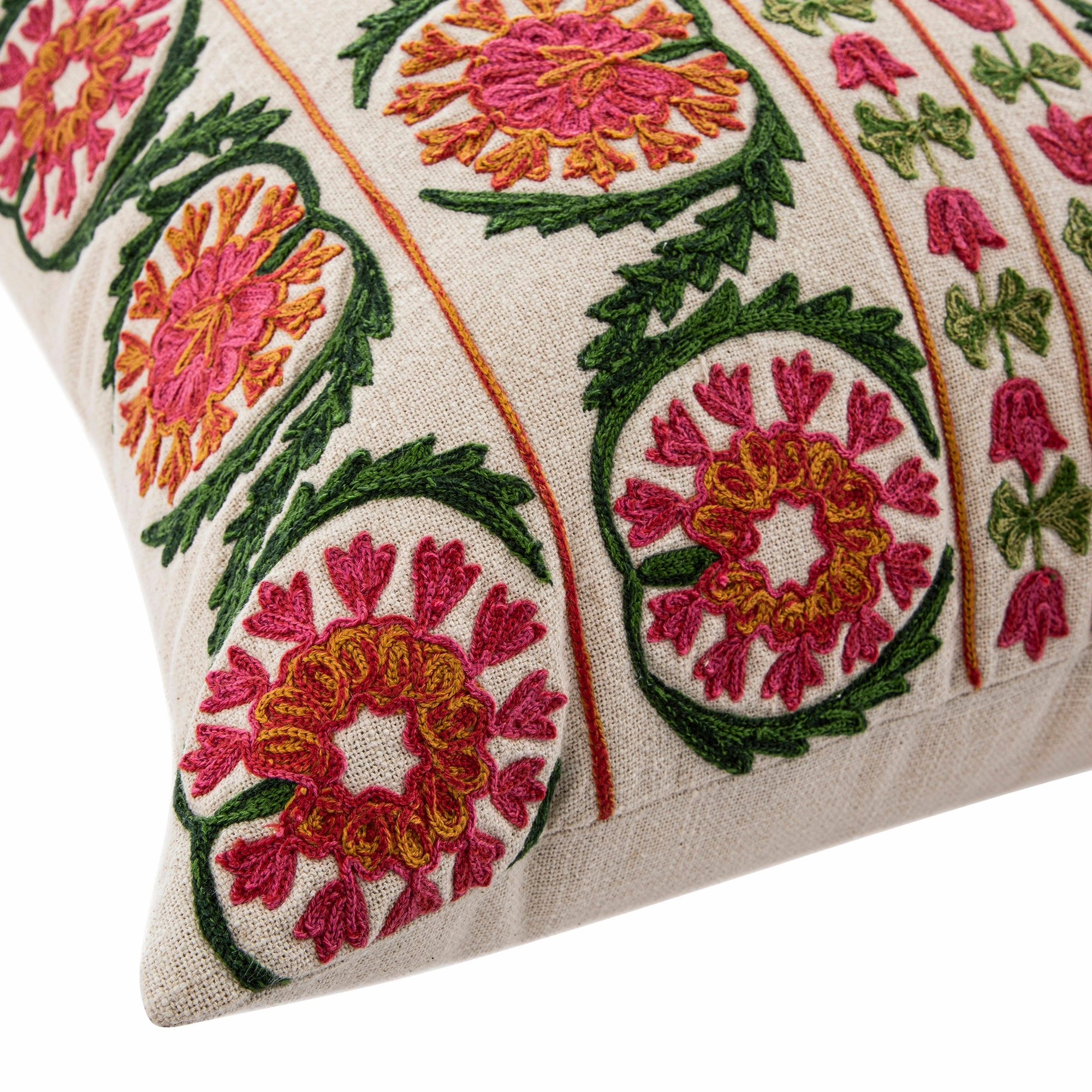 Indra Suzani Pink Crewelwork Wool Embroidered Cushion