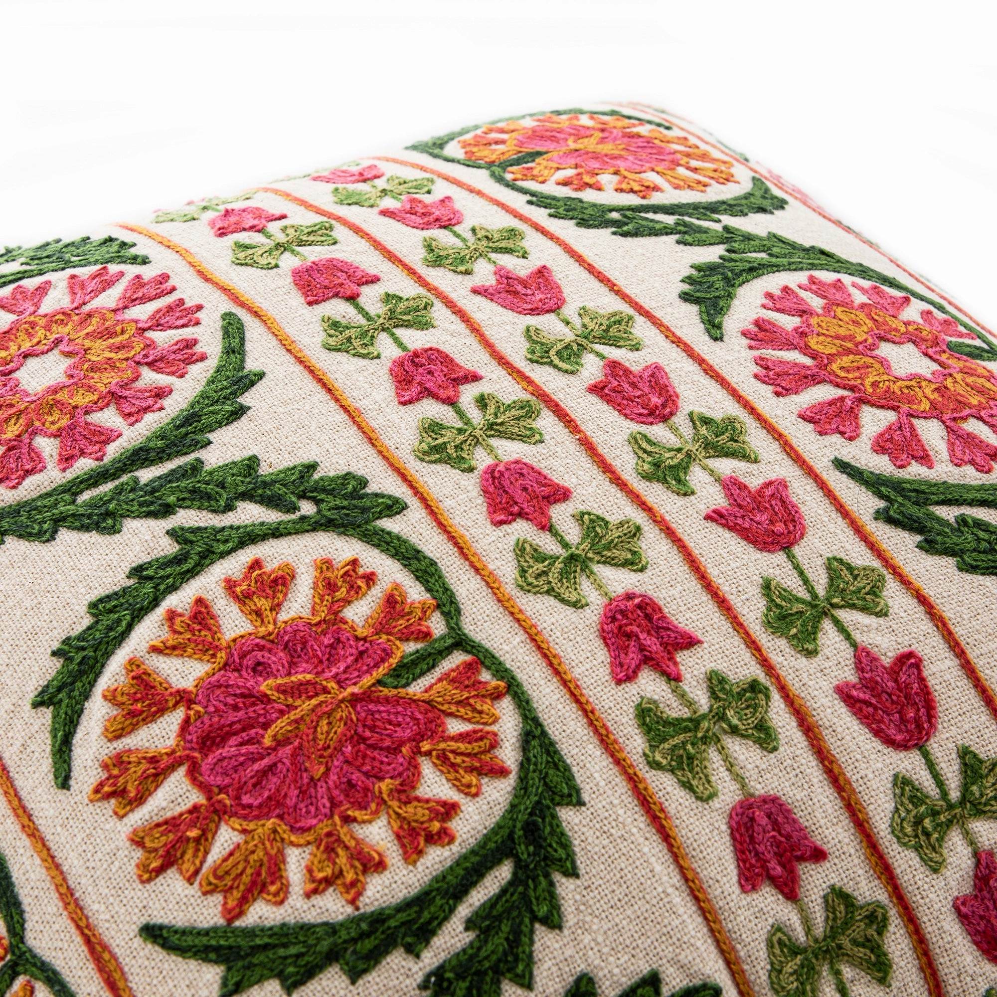 Indra Suzani Pink Crewelwork Wool Embroidered Cushion