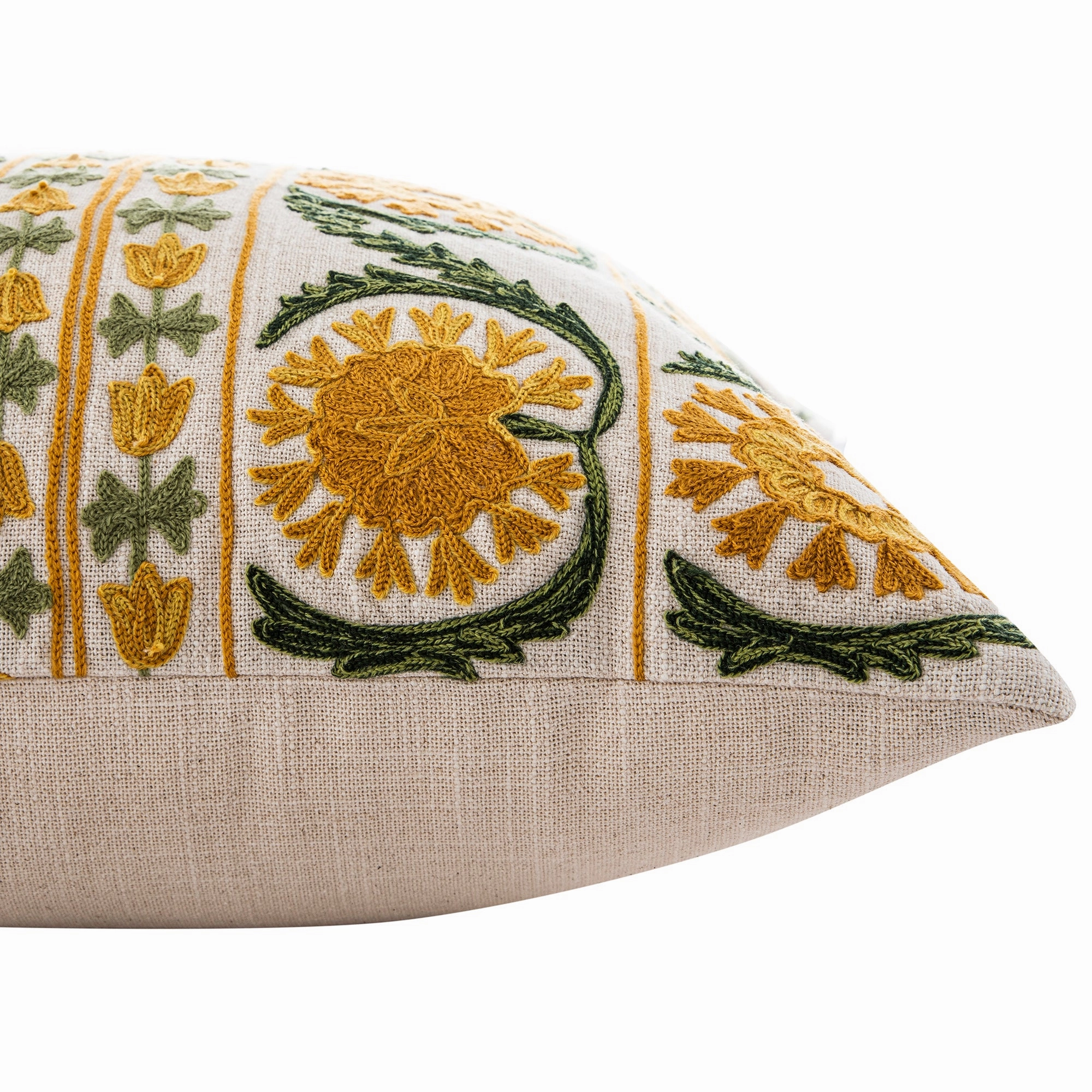 Indra Suzani Sundance Yellow Crewelwork Wool Embroidered Cushion