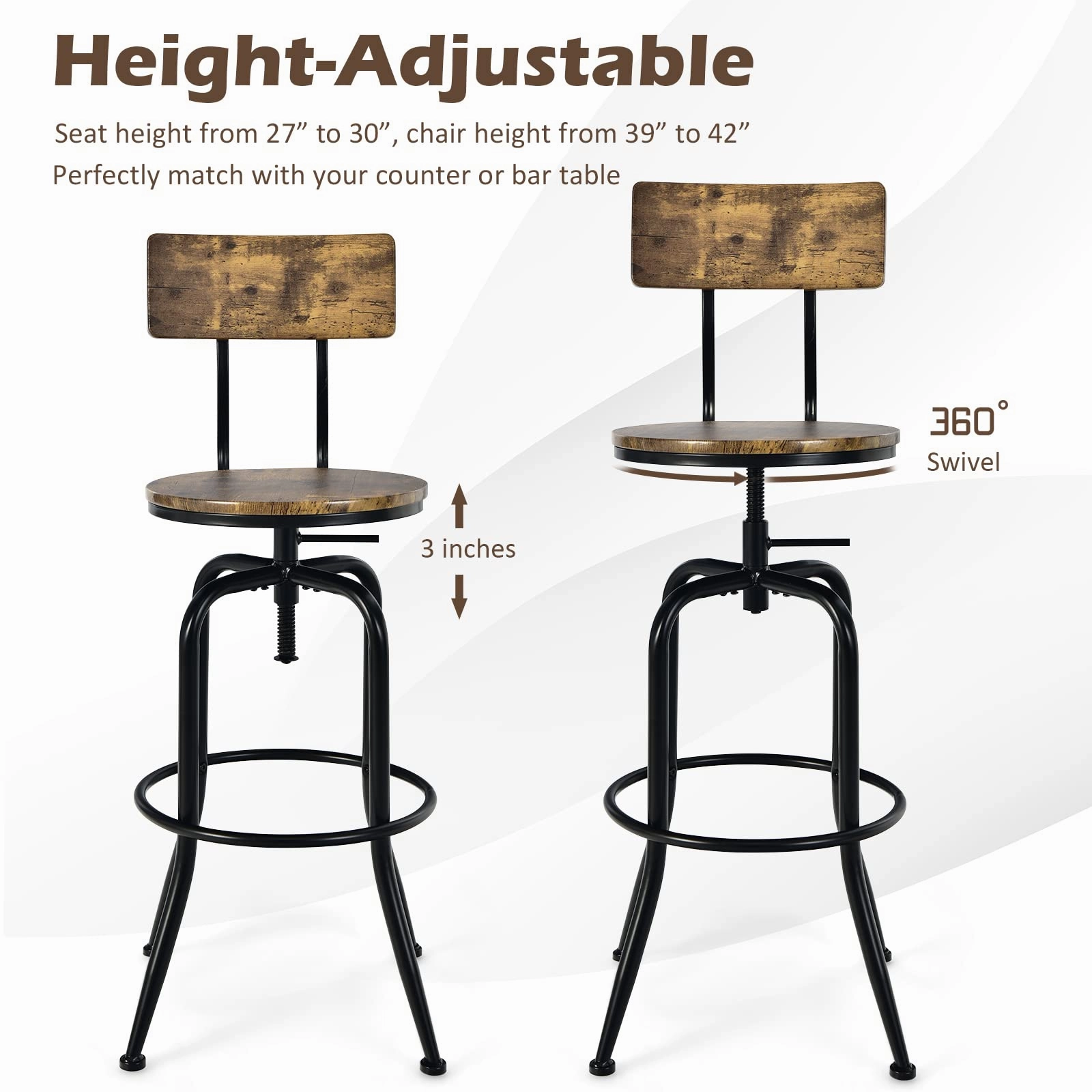Industrial Bar Stool, Vintage Adjustable Swivel Counter Height Kitchen Dining Chair with Arc-Shaped Backrest