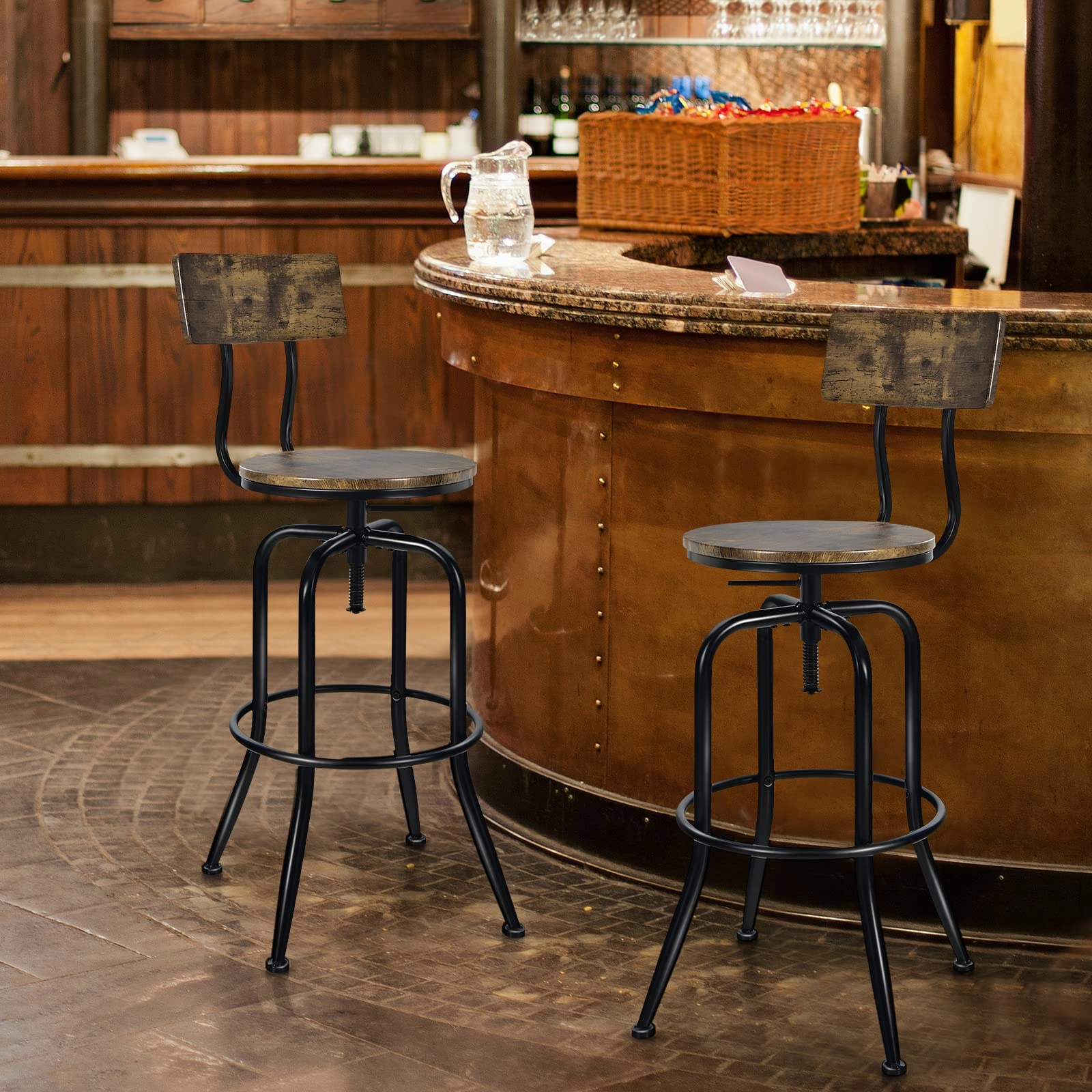 Industrial Bar Stool, Vintage Adjustable Swivel Counter Height Kitchen Dining Chair with Arc-Shaped Backrest