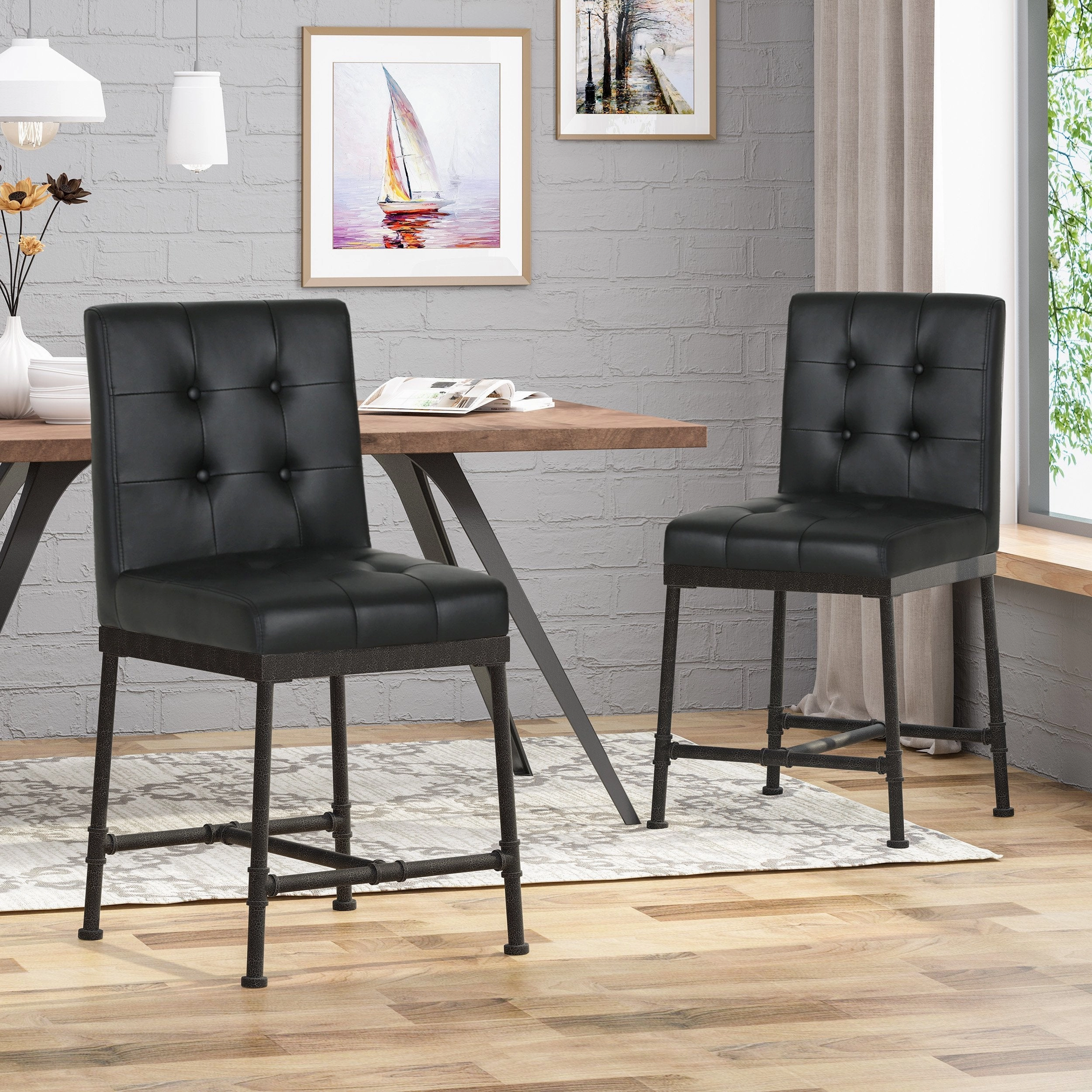 Industrial Modern 24" Counter Stool with Faux Leather Backing and Metal Pipe Base (Set of 2) - NH559803