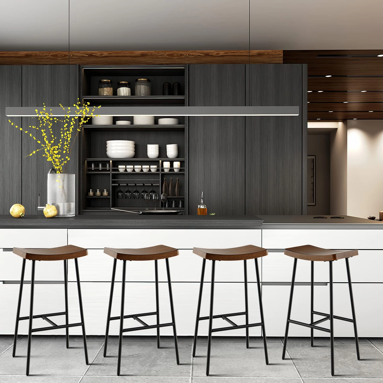 Industrial Saddle Stool with Footrest, Metal Legs, Adjustable Foot Pads, Backless Counter Height Chair for Living Room Kitchen Bar