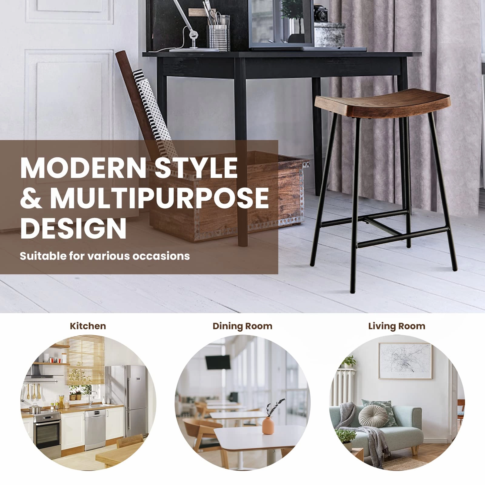 Industrial Saddle Stool with Footrest, Metal Legs, Adjustable Foot Pads, Backless Counter Height Chair for Living Room Kitchen Bar