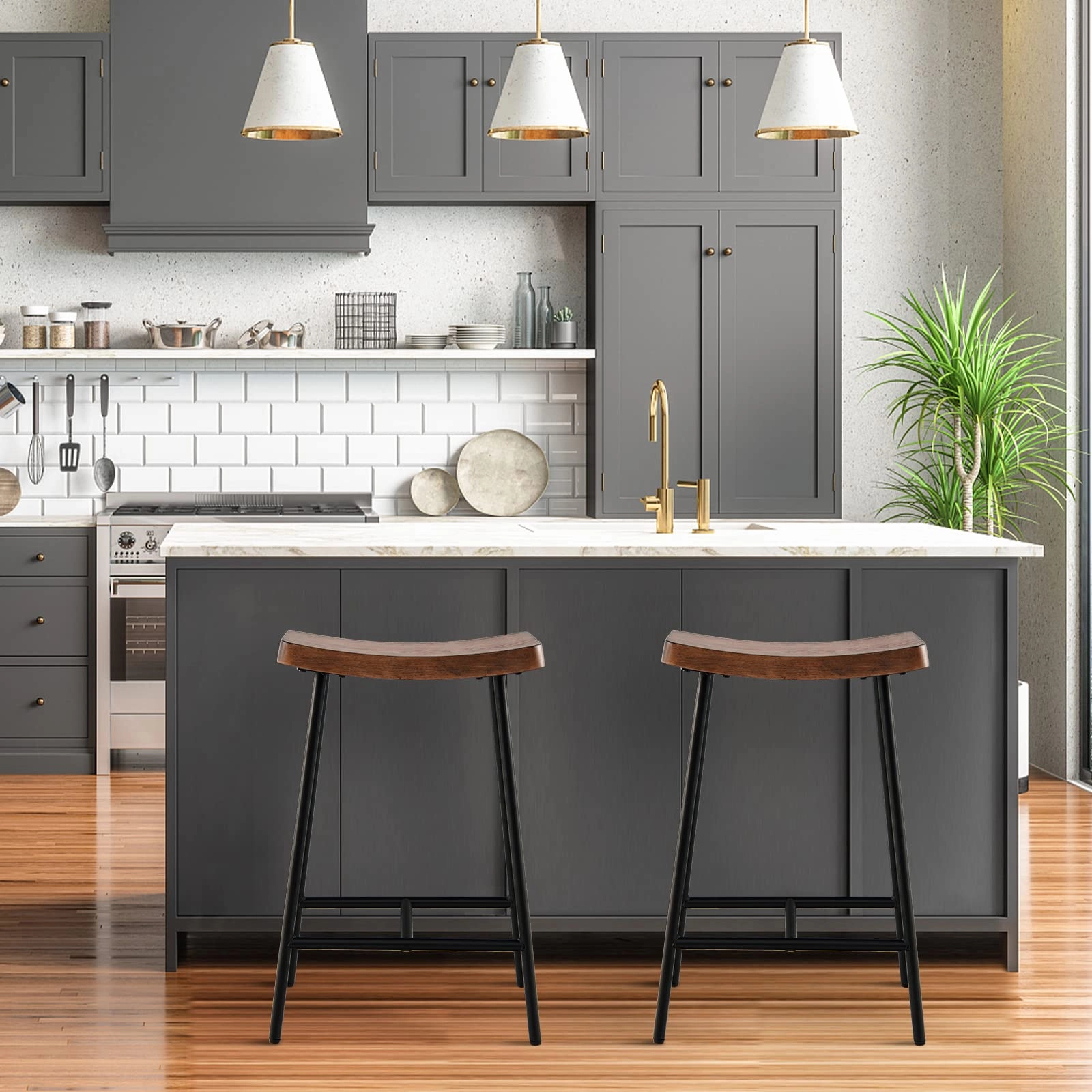 Industrial Saddle Stool with Footrest, Metal Legs, Adjustable Foot Pads, Backless Counter Height Chair for Living Room Kitchen Bar