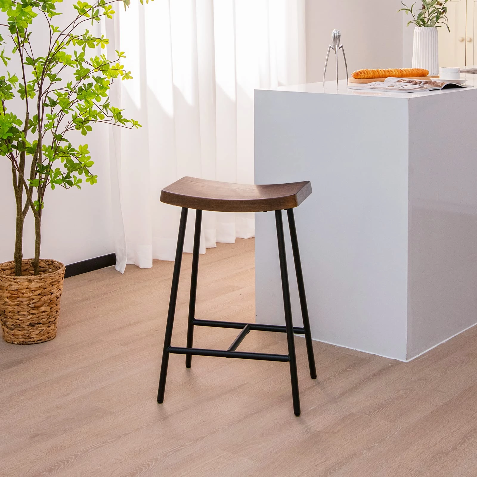 Industrial Saddle Stool with Footrest, Metal Legs, Adjustable Foot Pads, Backless Counter Height Chair for Living Room Kitchen Bar