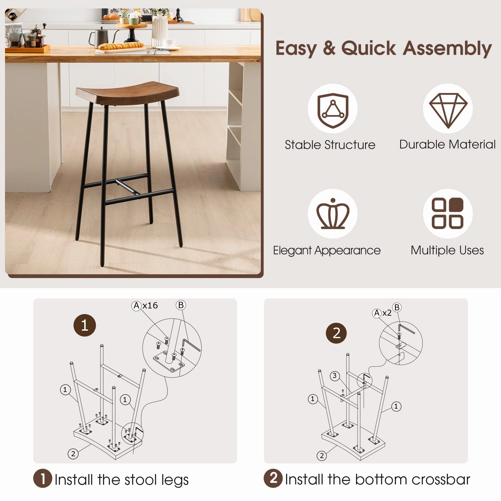 Industrial Saddle Stool with Footrest, Metal Legs, Adjustable Foot Pads, Backless Counter Height Chair for Living Room Kitchen Bar