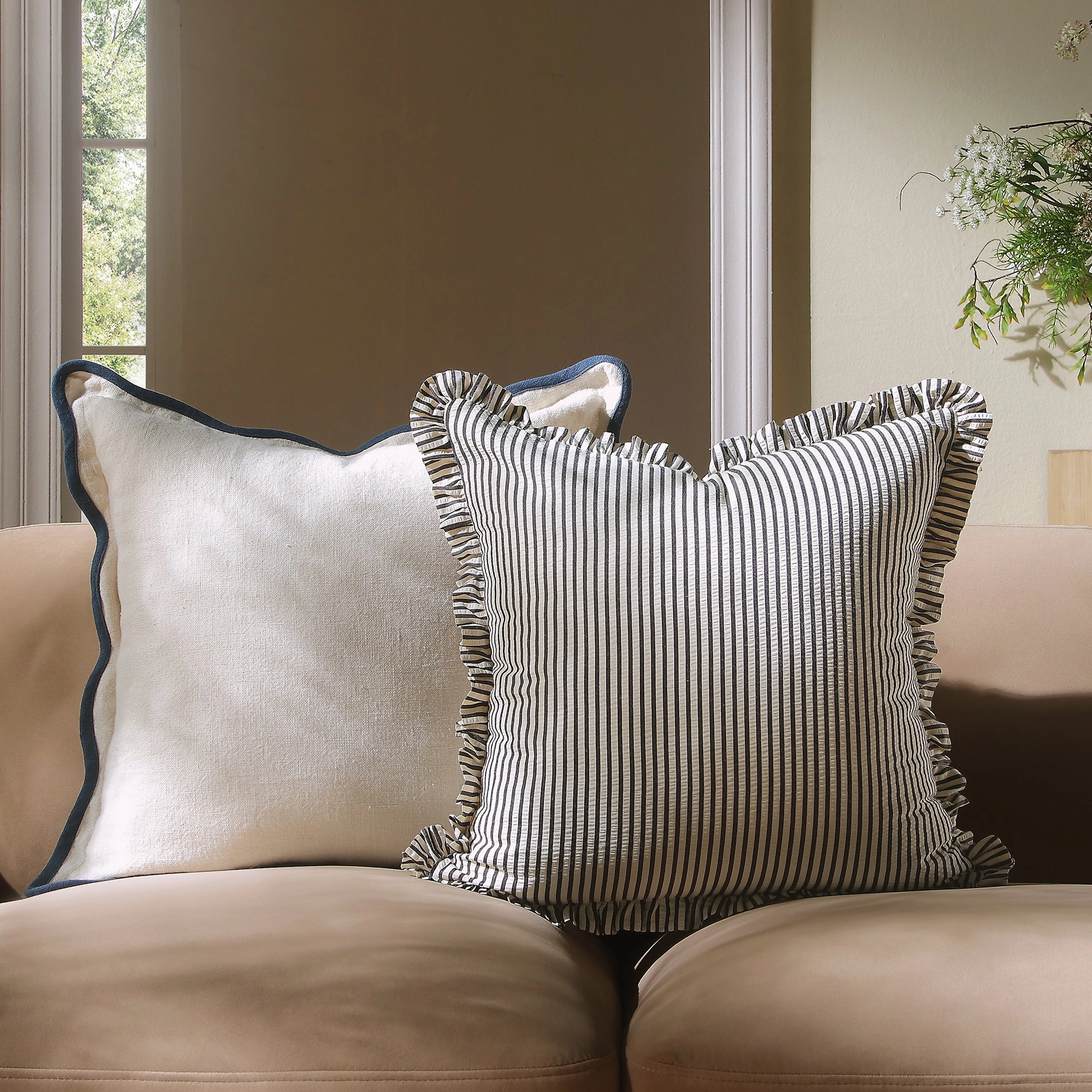Iris Ticking Black Stripe Seersucker Frill Cushion
