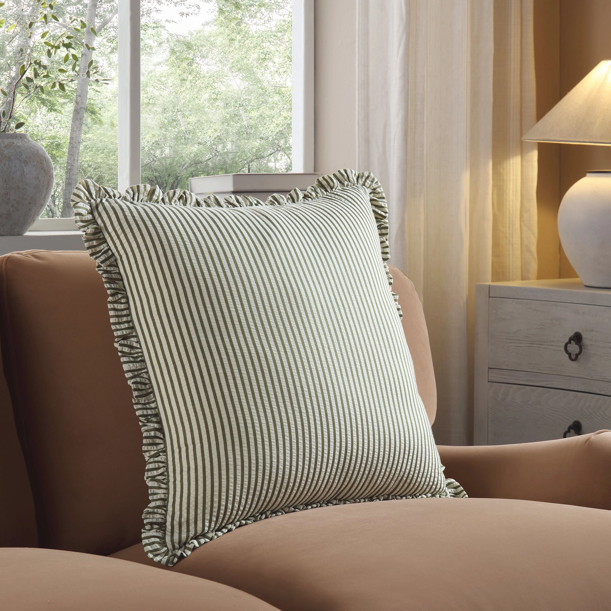 Iris Ticking Green Stripe Seersucker Frill Cushion