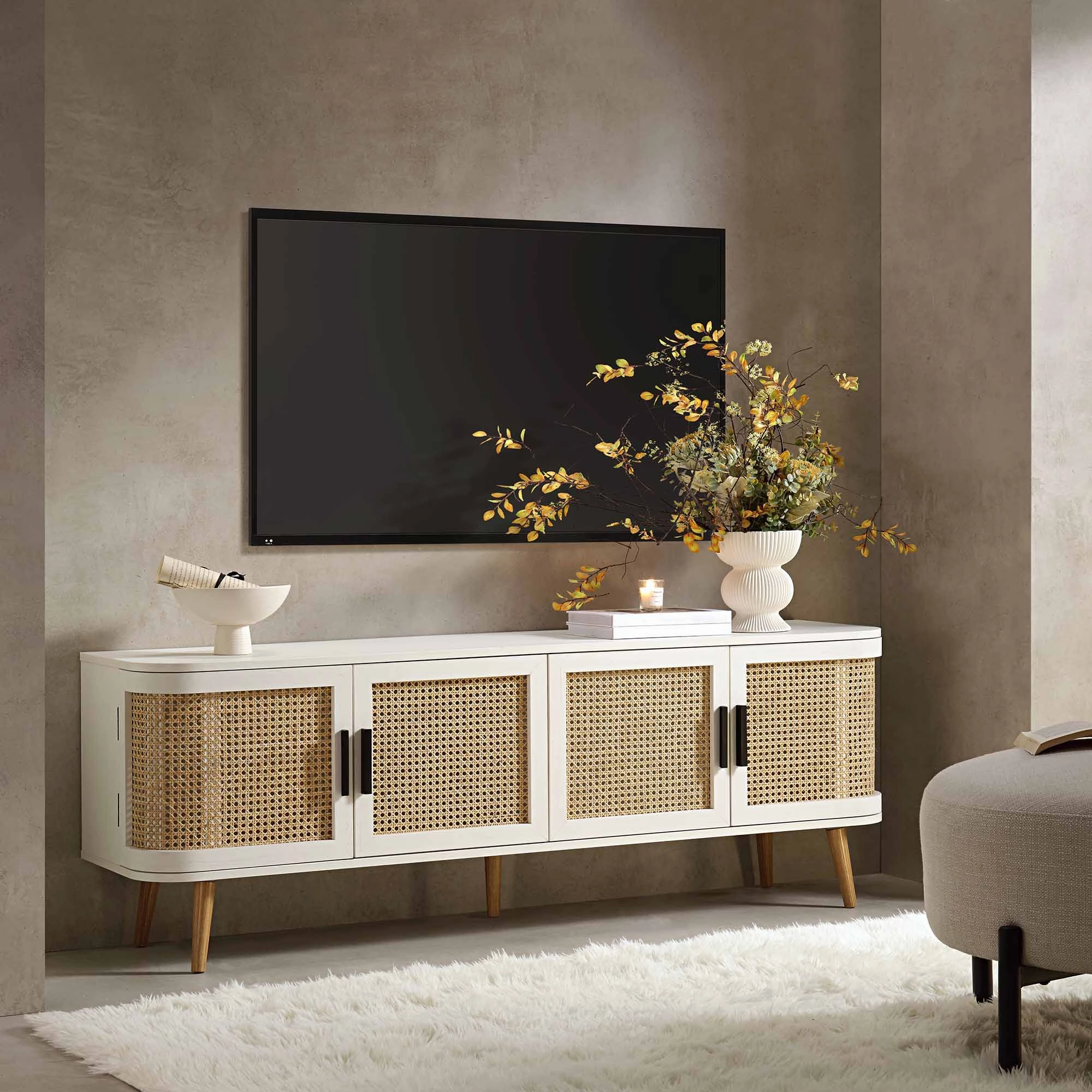 Izzy Curved Rattan 160cm Wide TV Unit, White