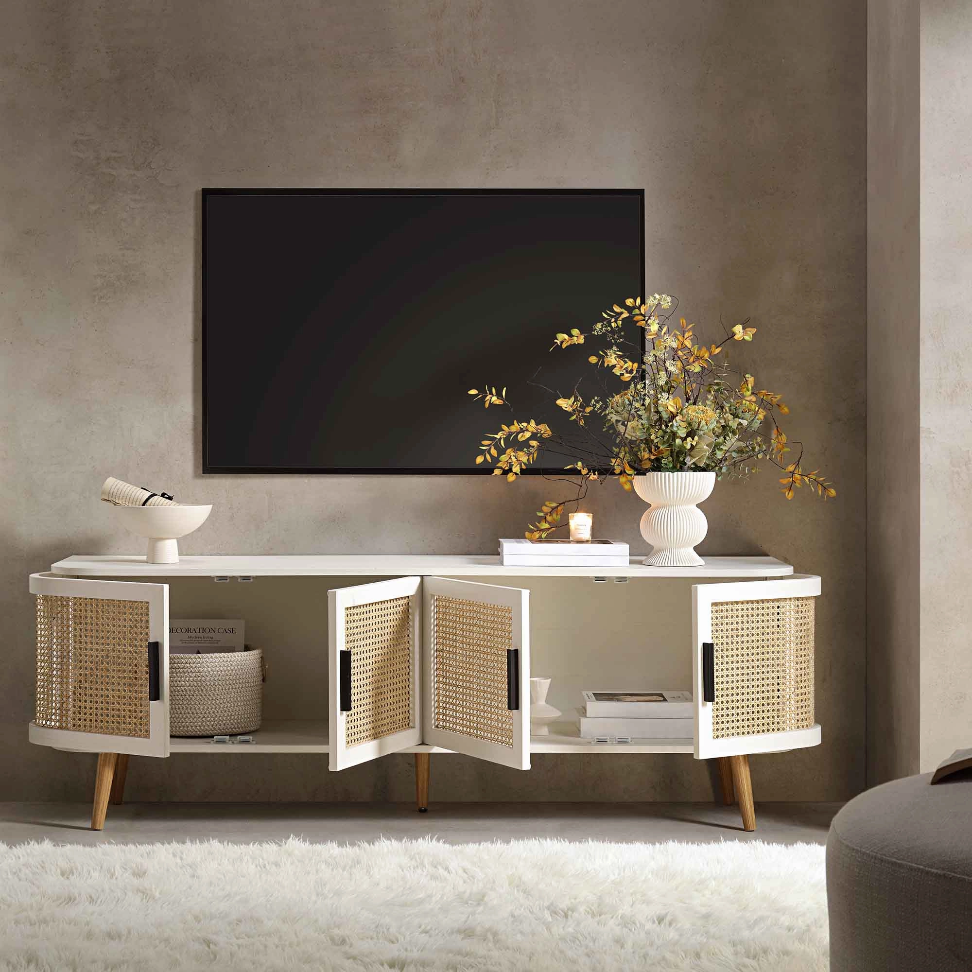 Izzy Curved Rattan 160cm Wide TV Unit, White