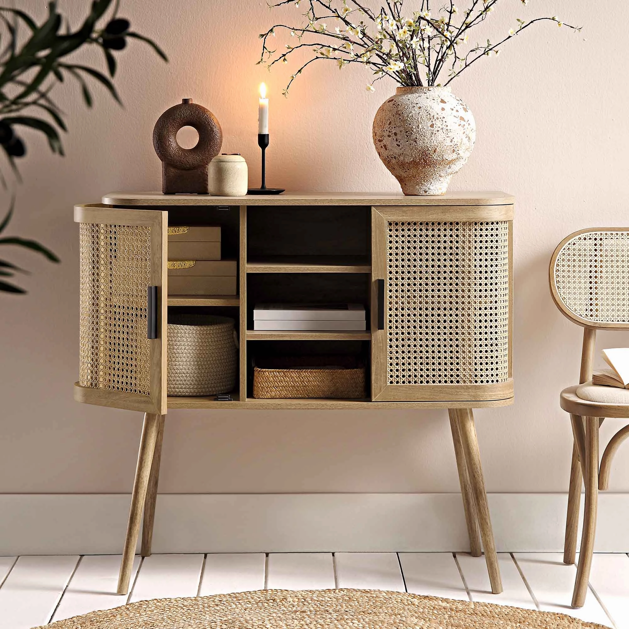 Izzy Curved Rattan 2-Door Buffet Sideboard, Natural