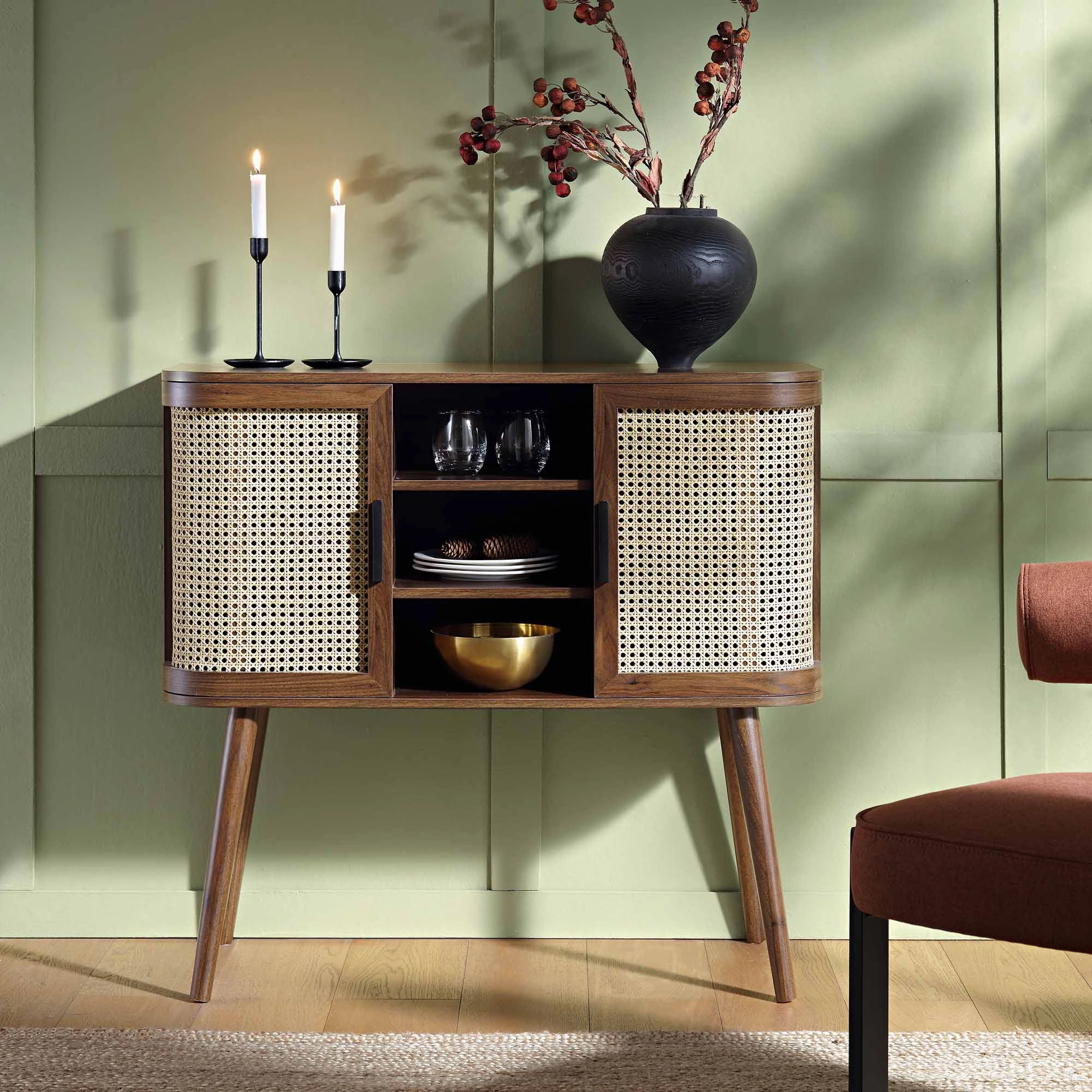 Izzy Curved Rattan 2-Door Buffet Sideboard, Walnut
