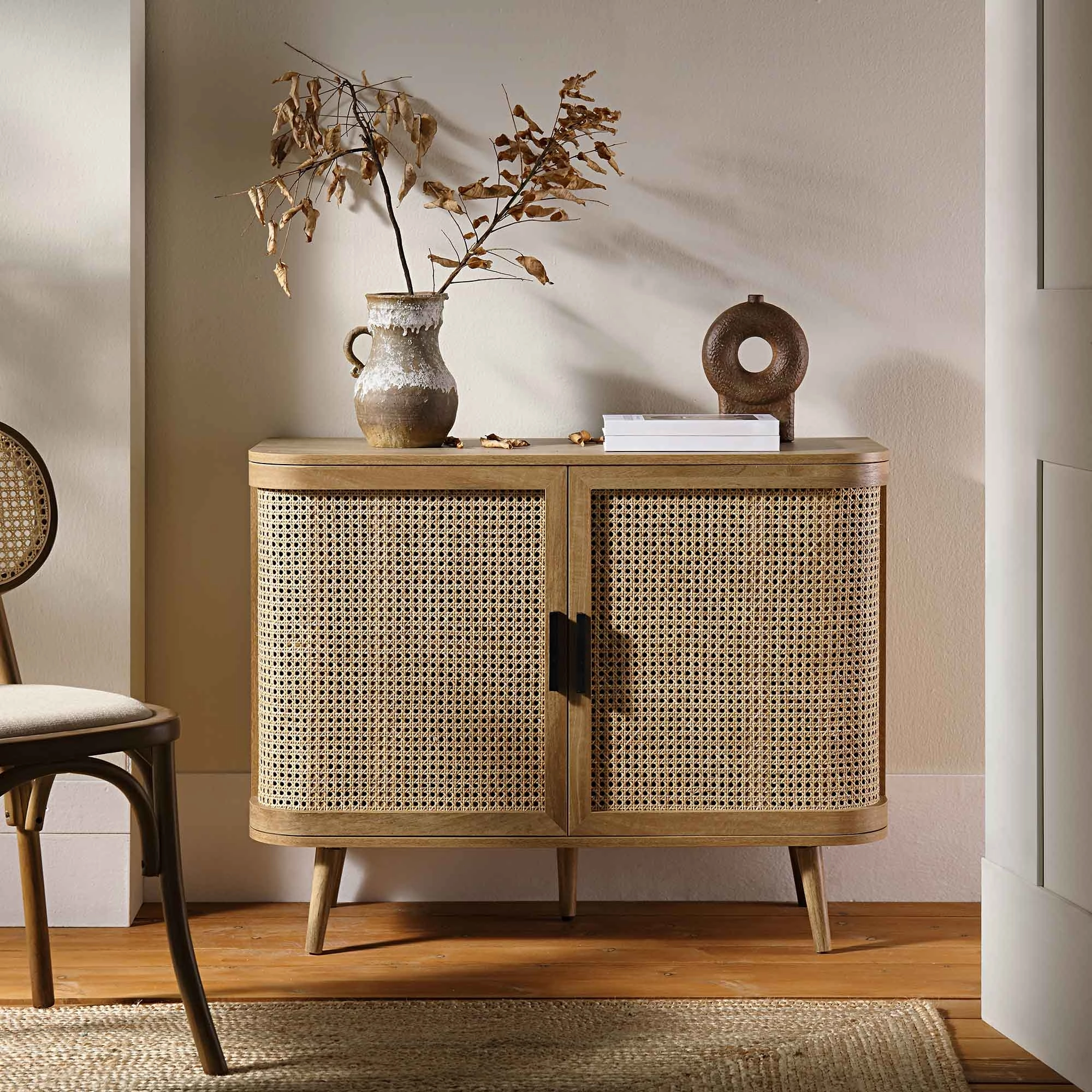 Izzy Curved Rattan 2-Door Small Sideboard, Natural