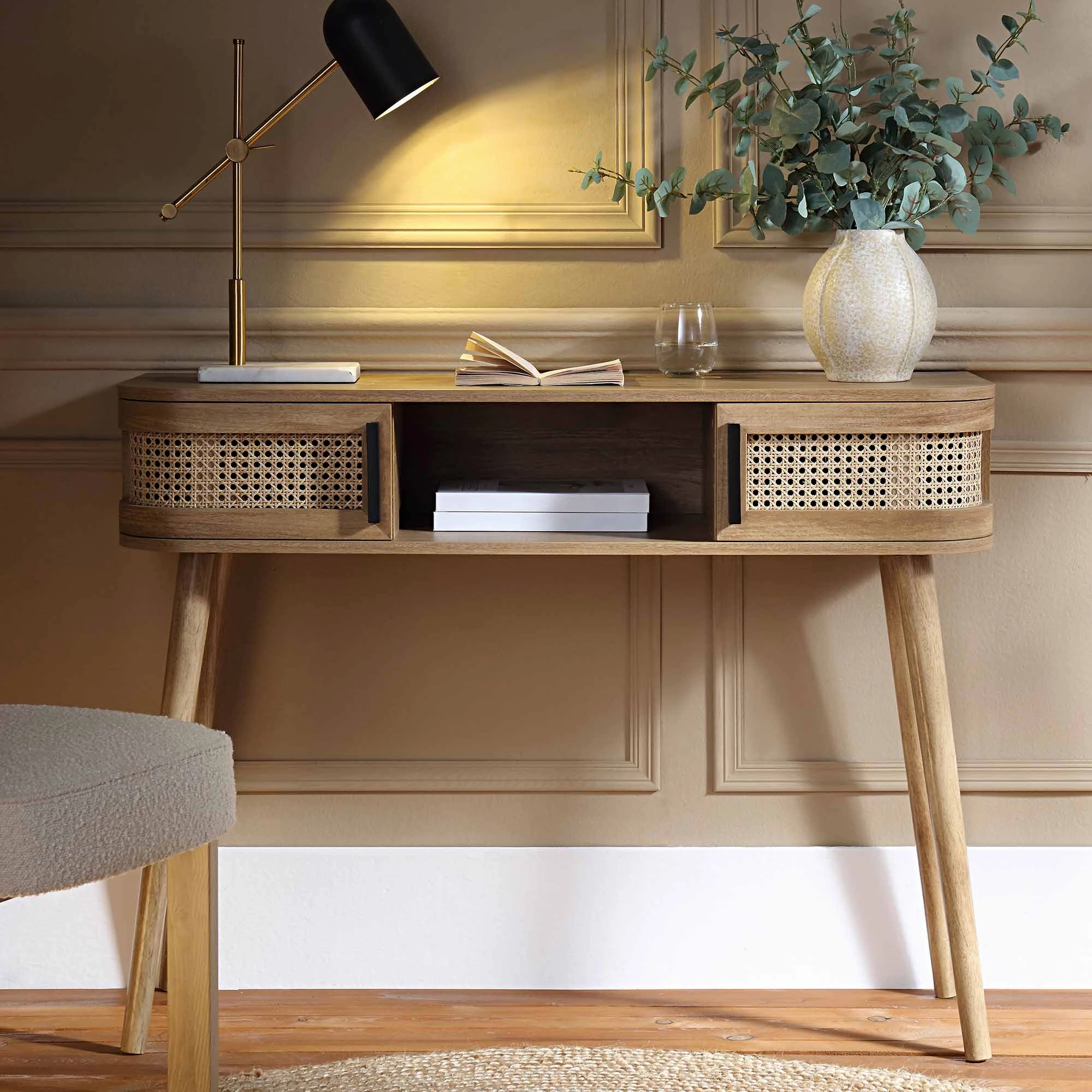 Izzy Curved Rattan 2-Door Table, Natural