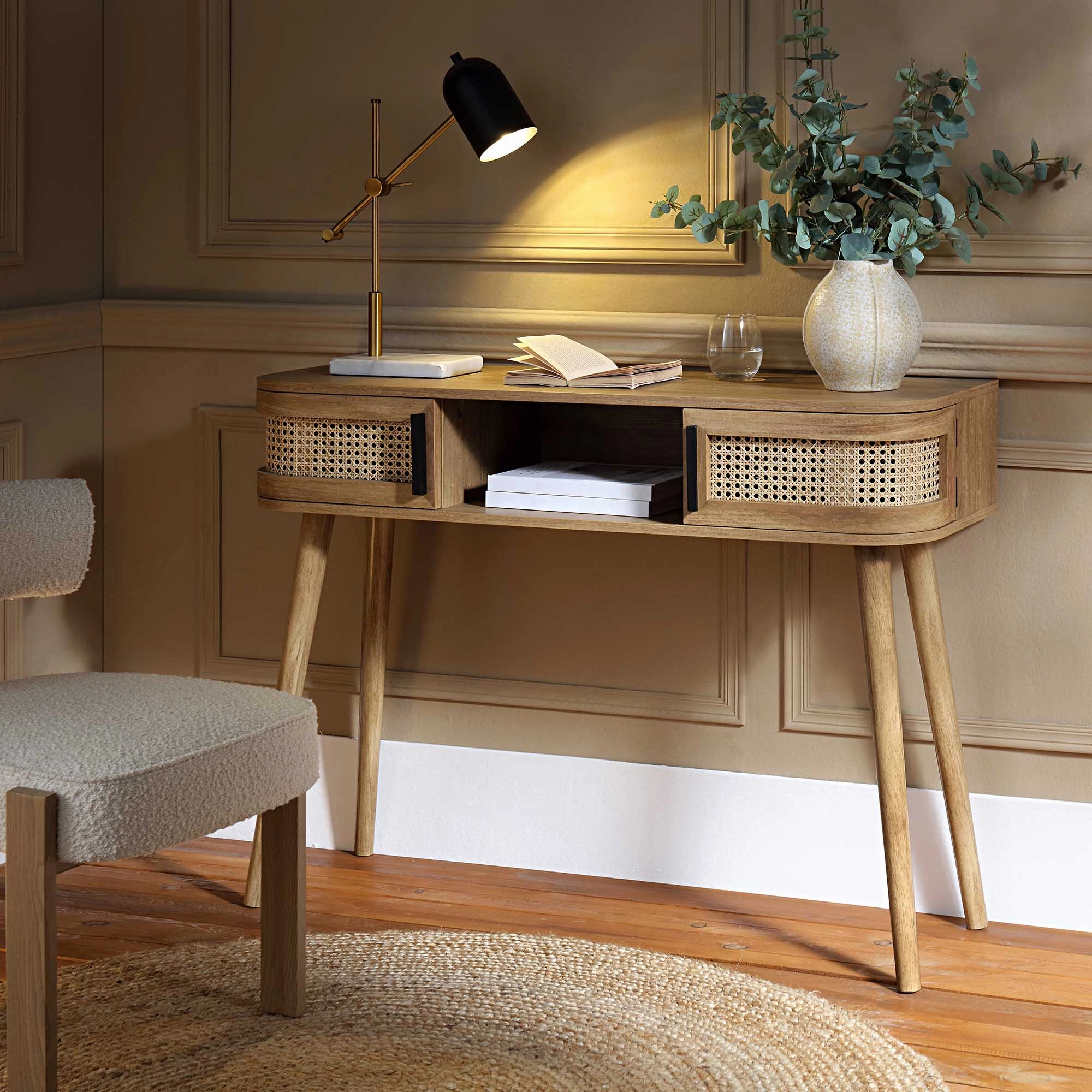 Izzy Curved Rattan 2-Door Table, Natural