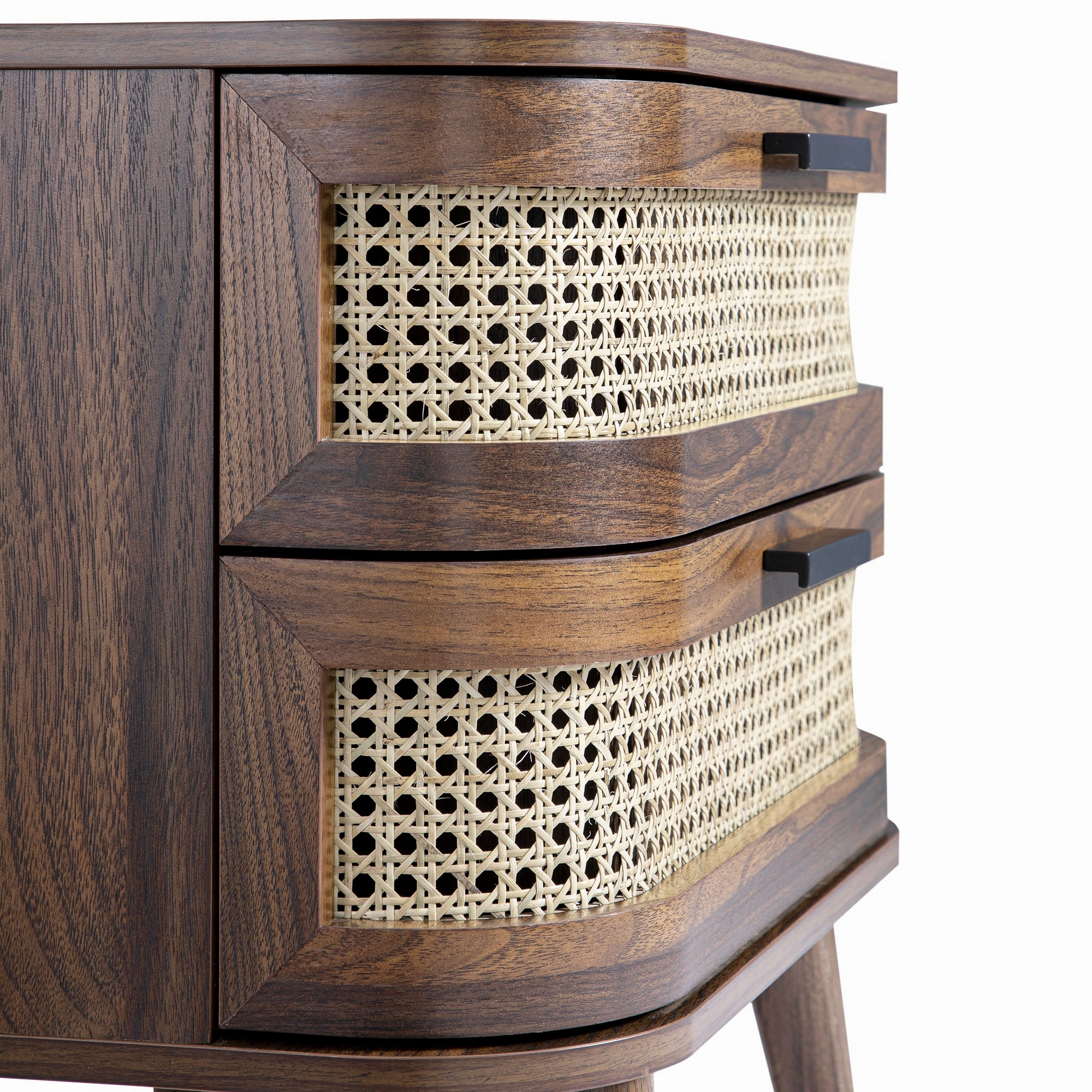 Izzy Curved Rattan 2-Drawer Bedside Table, Walnut